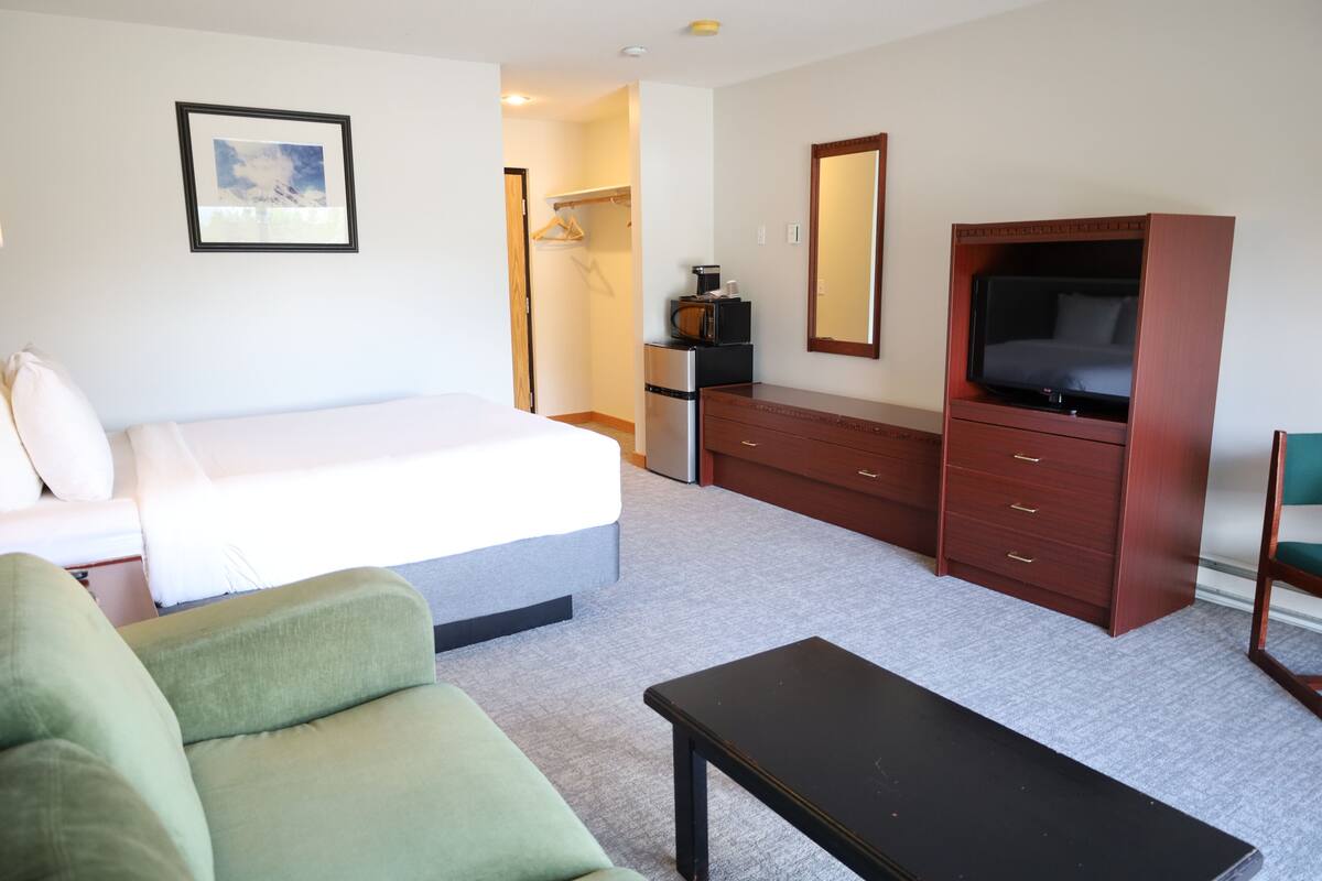 A hotel room with a bed, a green sofa, a wooden dresser, a television, and a microwave.