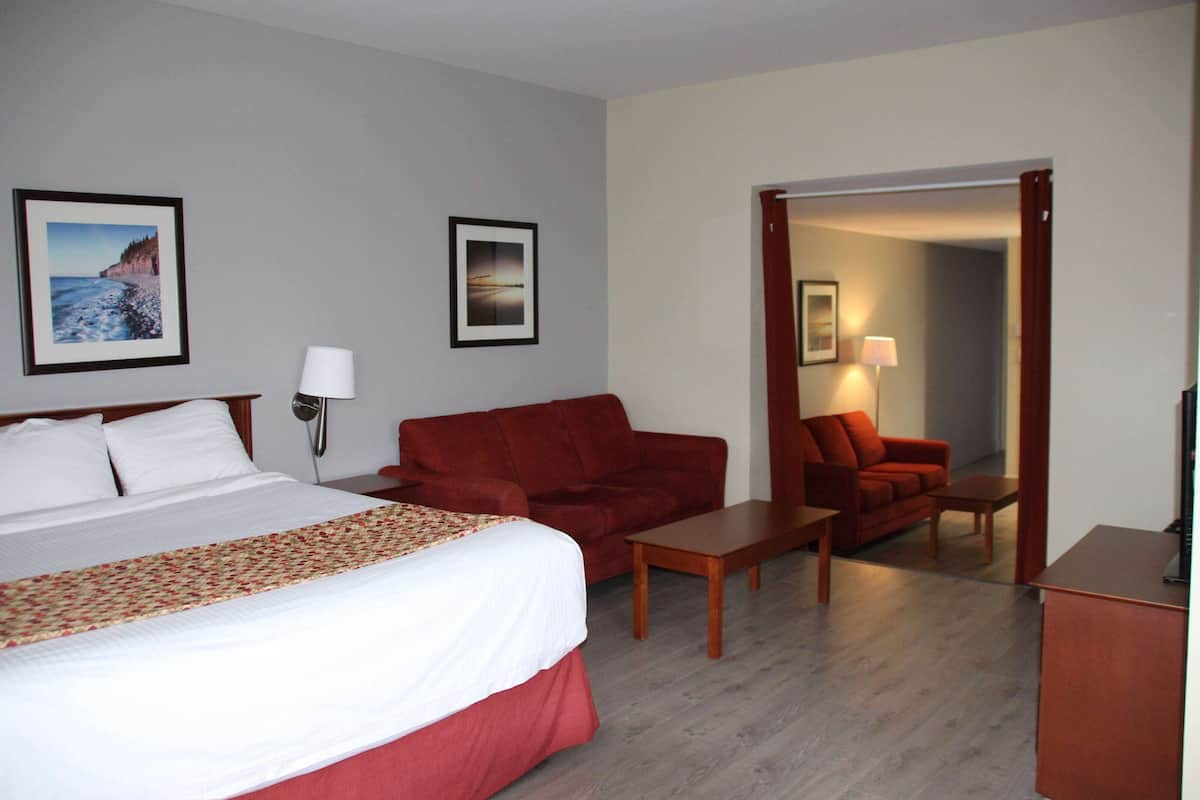 A hotel room with a bed, two red sofas, a wooden table, and a desk.