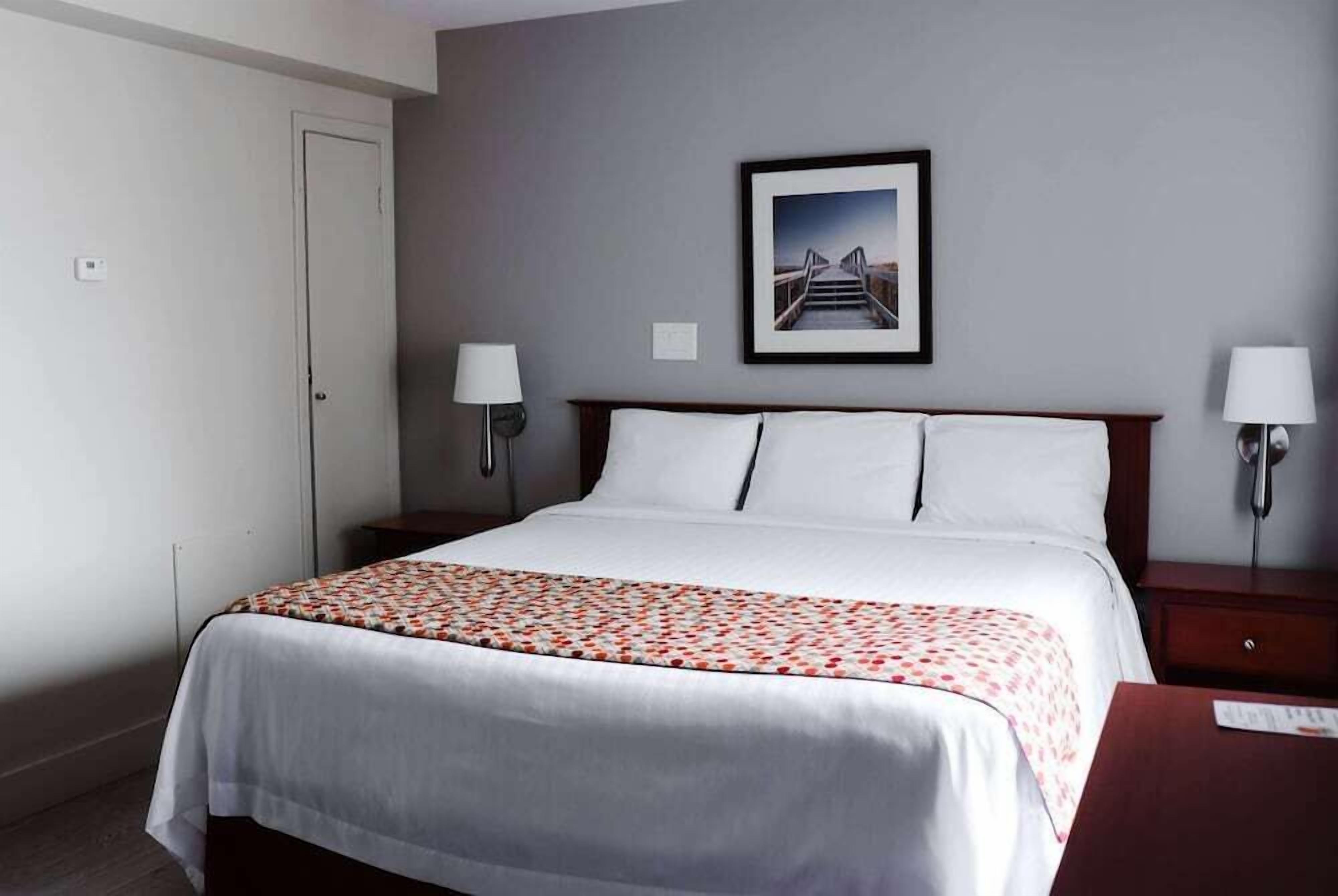 Habitación de hotel con cama, dos lámparas de noche, un cuadro en la pared y una puerta.
