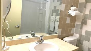 Combined shower/tub, free toiletries, hair dryer, towels