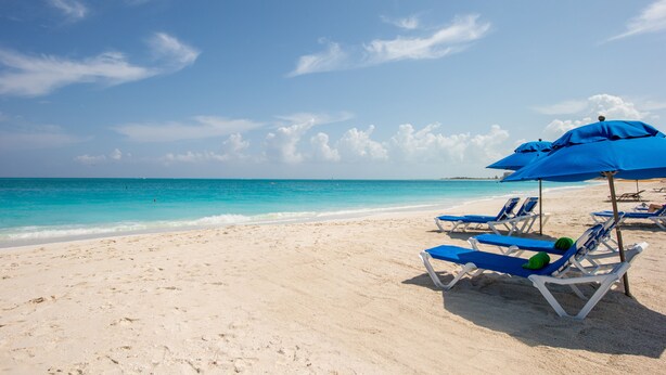 A beach with white sand, clear turquoise water, and blue umbrellas providing shade. - Ports of Call Resort Turks, Tapestry Collection by Hilton (Providenciales)