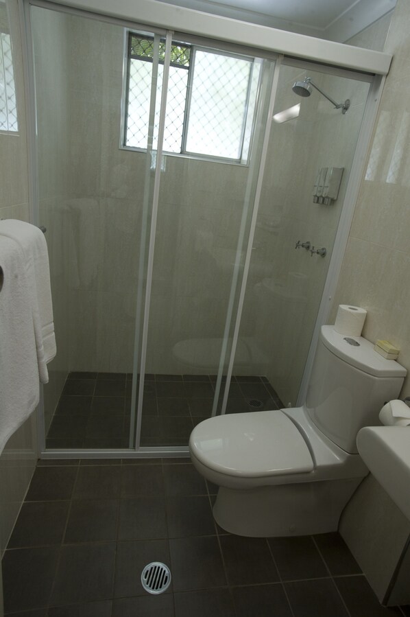 A bathroom with a glass-enclosed shower, a toilet, and a sink.