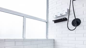 Shower, rainfall showerhead, eco-friendly toiletries, hair dryer