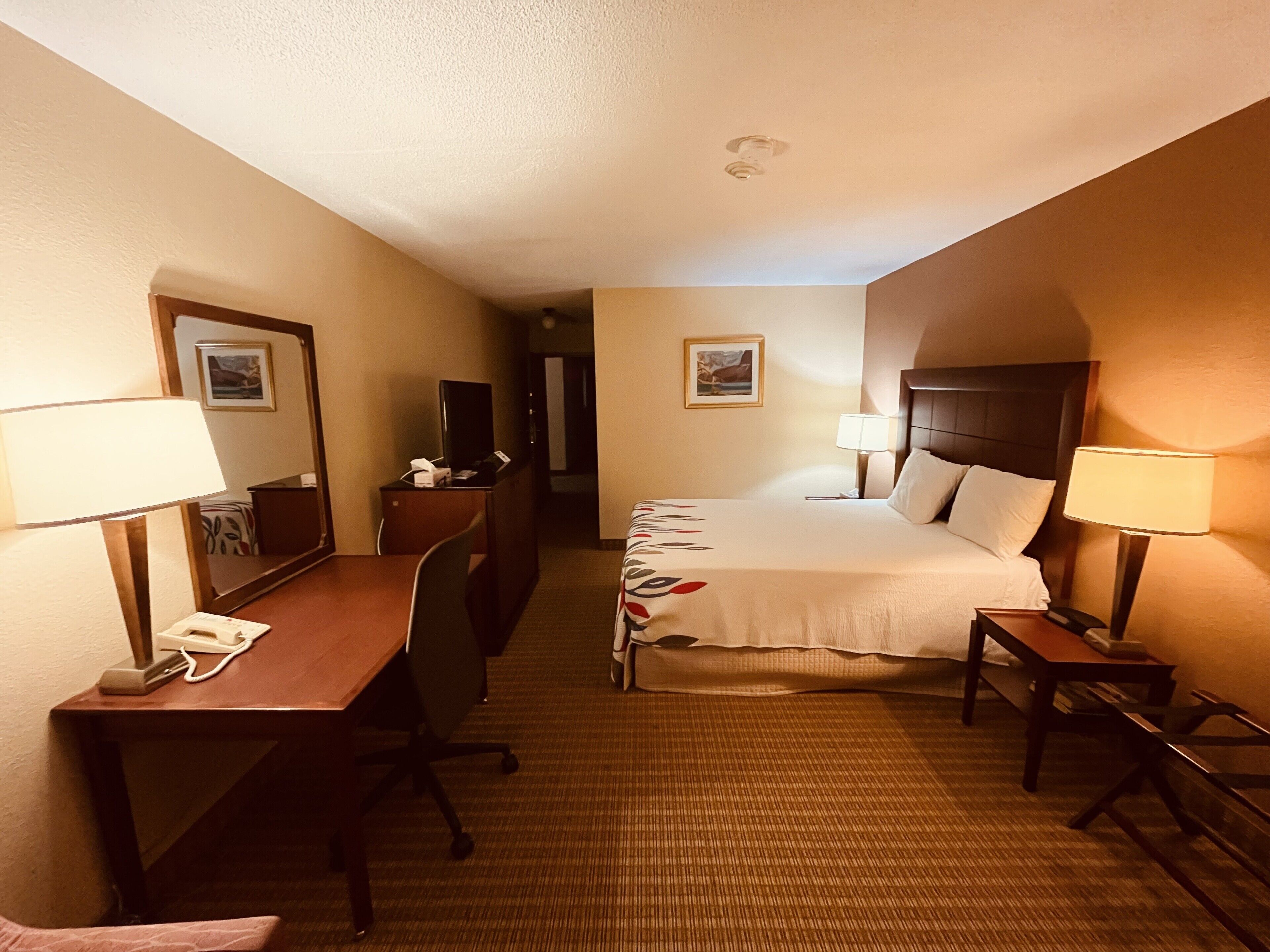 A hotel room with a bed, desk, chair, lamps, and a telephone.
