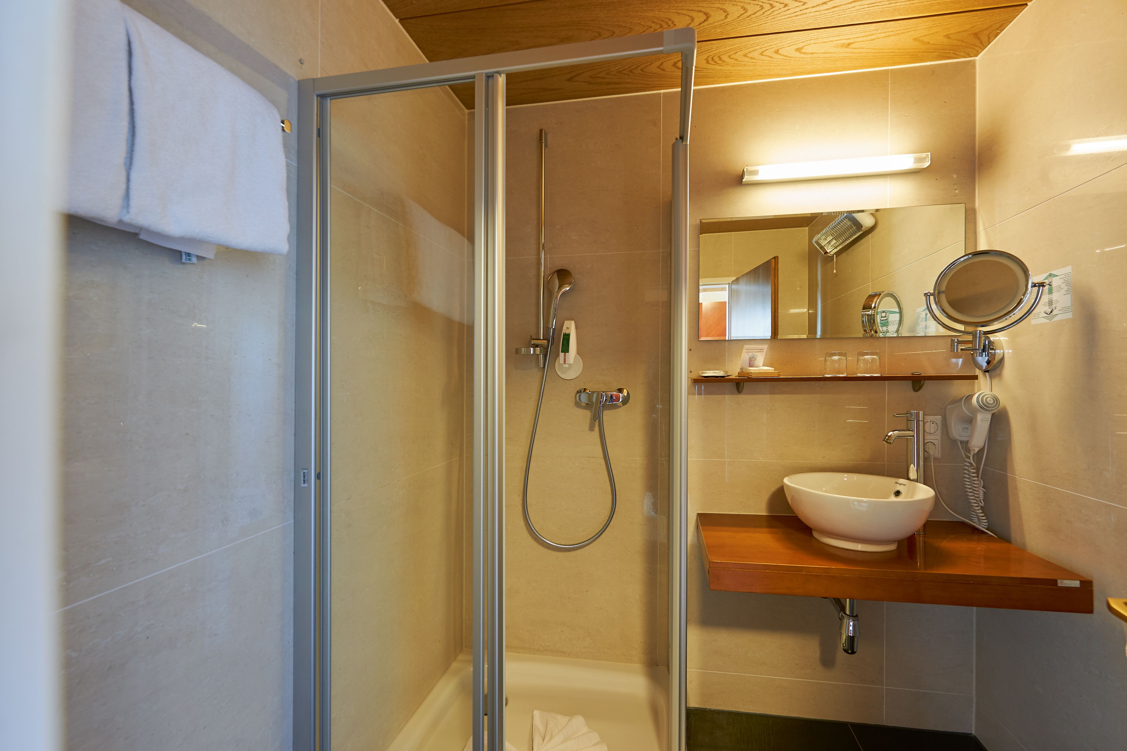 shower, free toiletries, hair dryer, towels