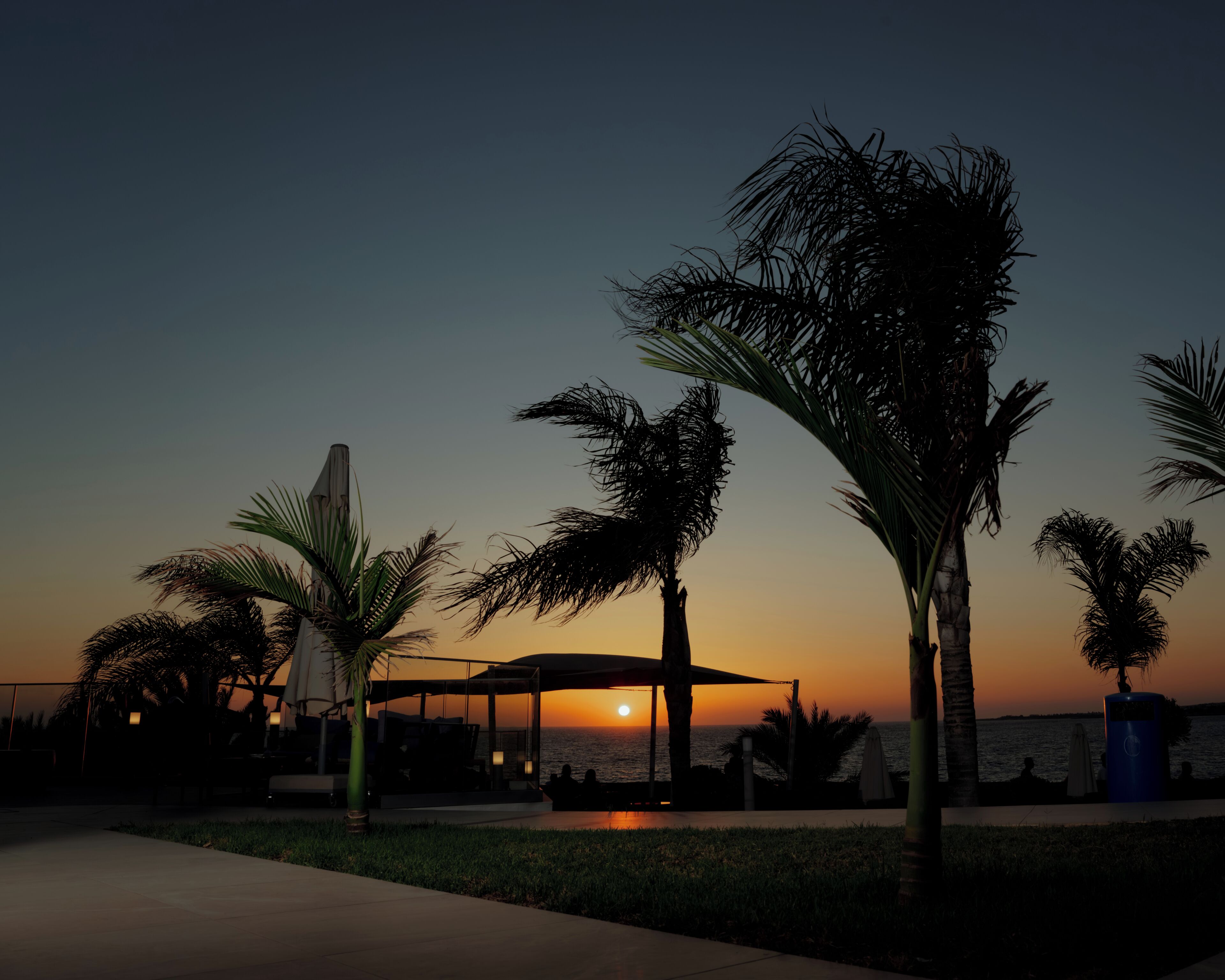 Vista al atardecer con palmeras y un área de estar techada.