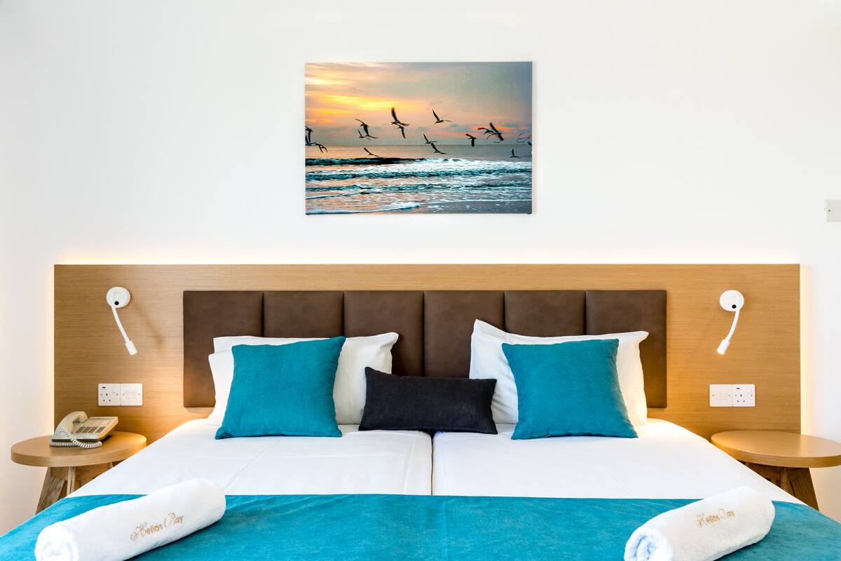 A hotel room with a large bed, two pillows, a nightstand with a phone, and a wall-mounted picture of birds flying over the ocean.