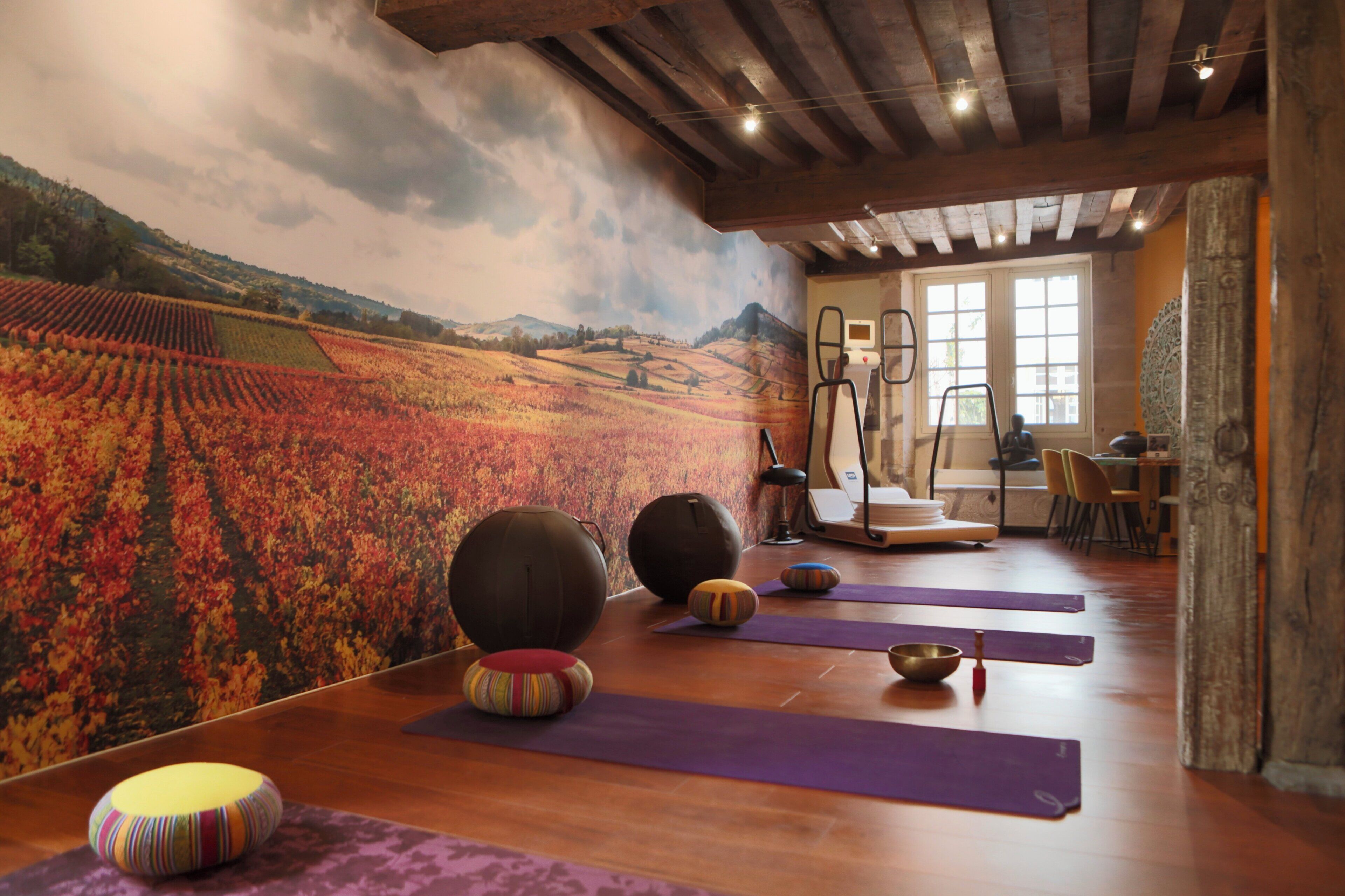 A yoga studio with wooden floors, yoga mats, and a mural of a vineyard.