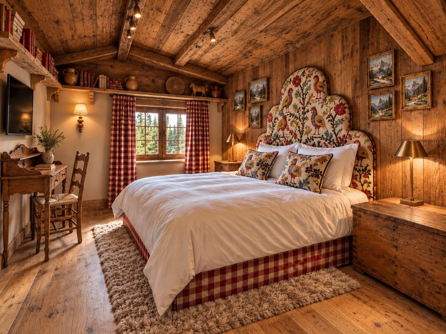 A cozy bedroom with a wooden ceiling, a large bed with floral pillows, a wooden desk, and a window with curtains.
