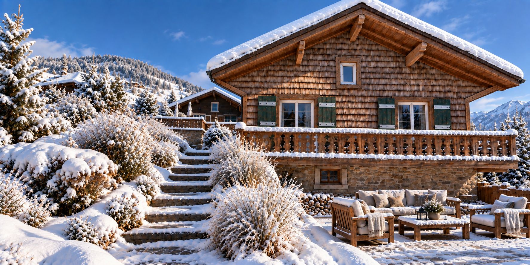Un chalet de madera con base de piedra, un balcón con barandilla y una escalera que lleva a la entrada.