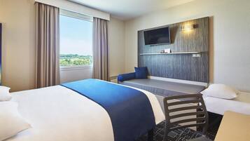 Desk, blackout curtains, soundproofing, iron/ironing board