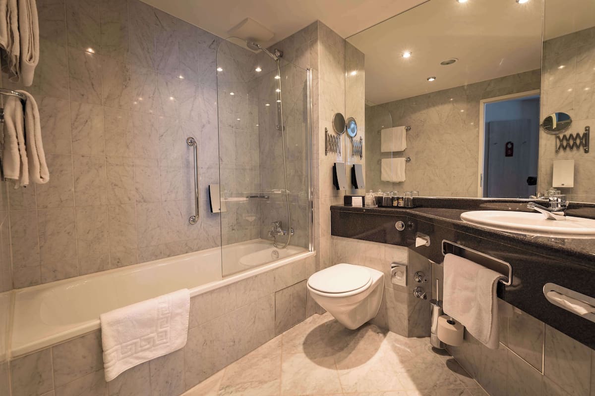 combined shower/bathtub, free toiletries, hair dryer, towels