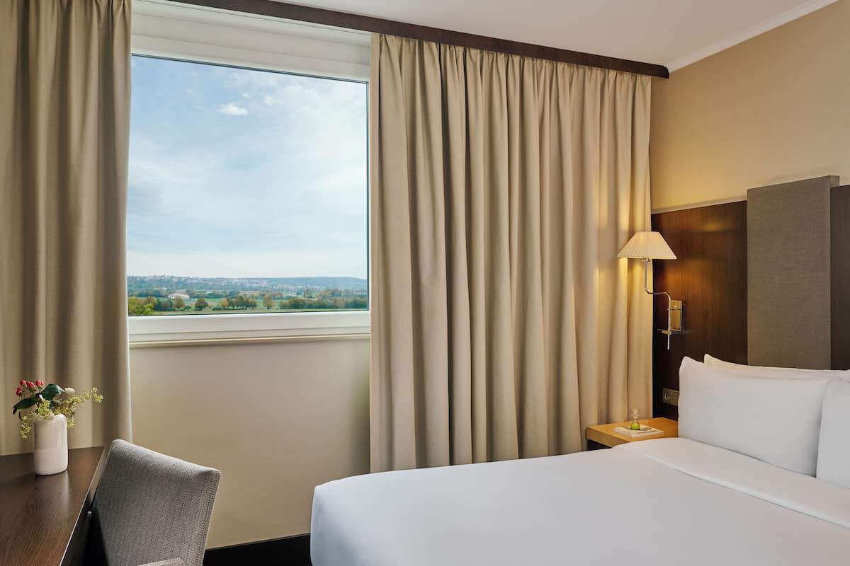 A hotel room with a bed, a desk, a chair, a lamp, and a view of the outdoors.