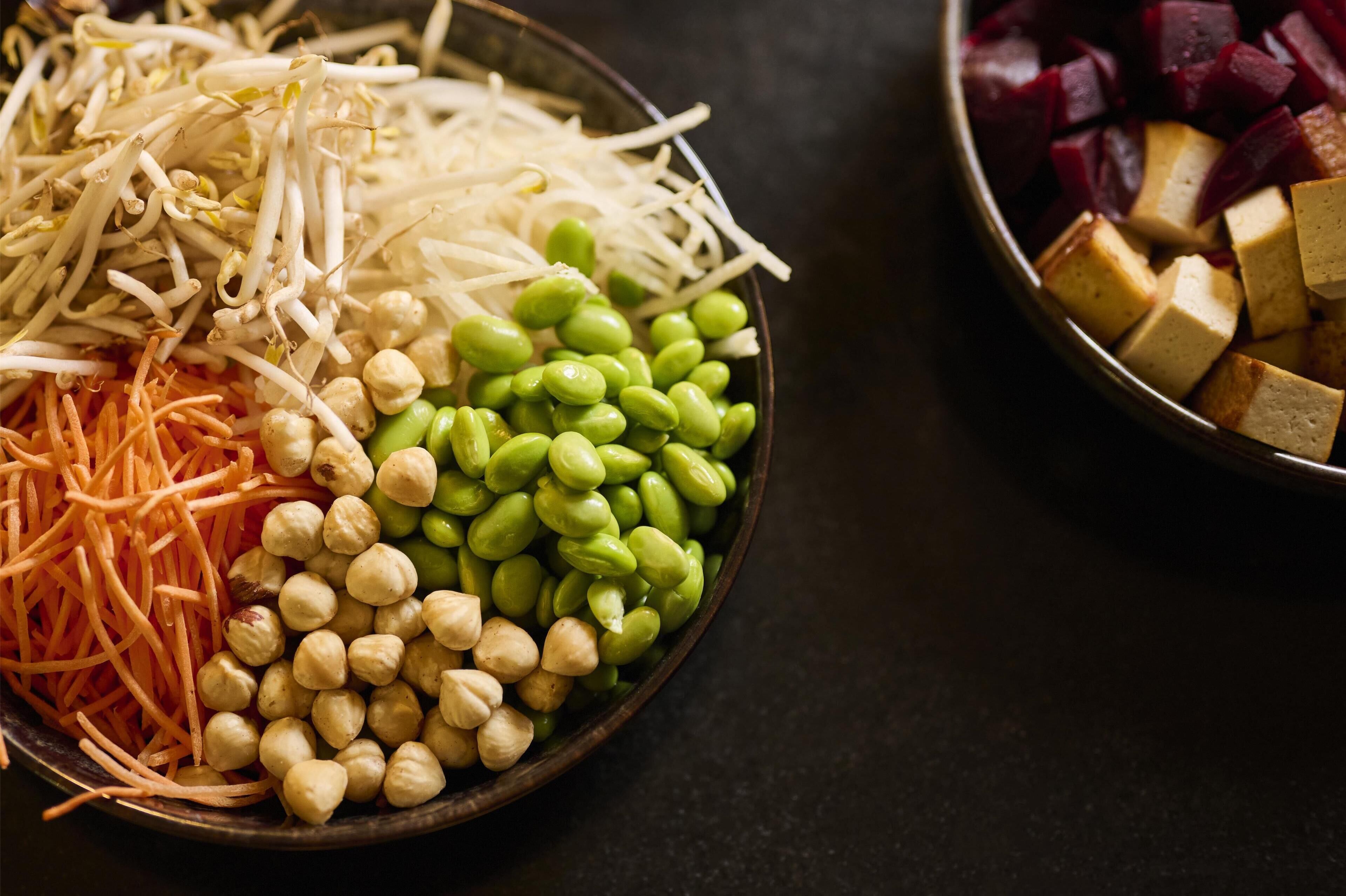 A bowl containing various ingredients such as carrots, chickpeas, and green beans.