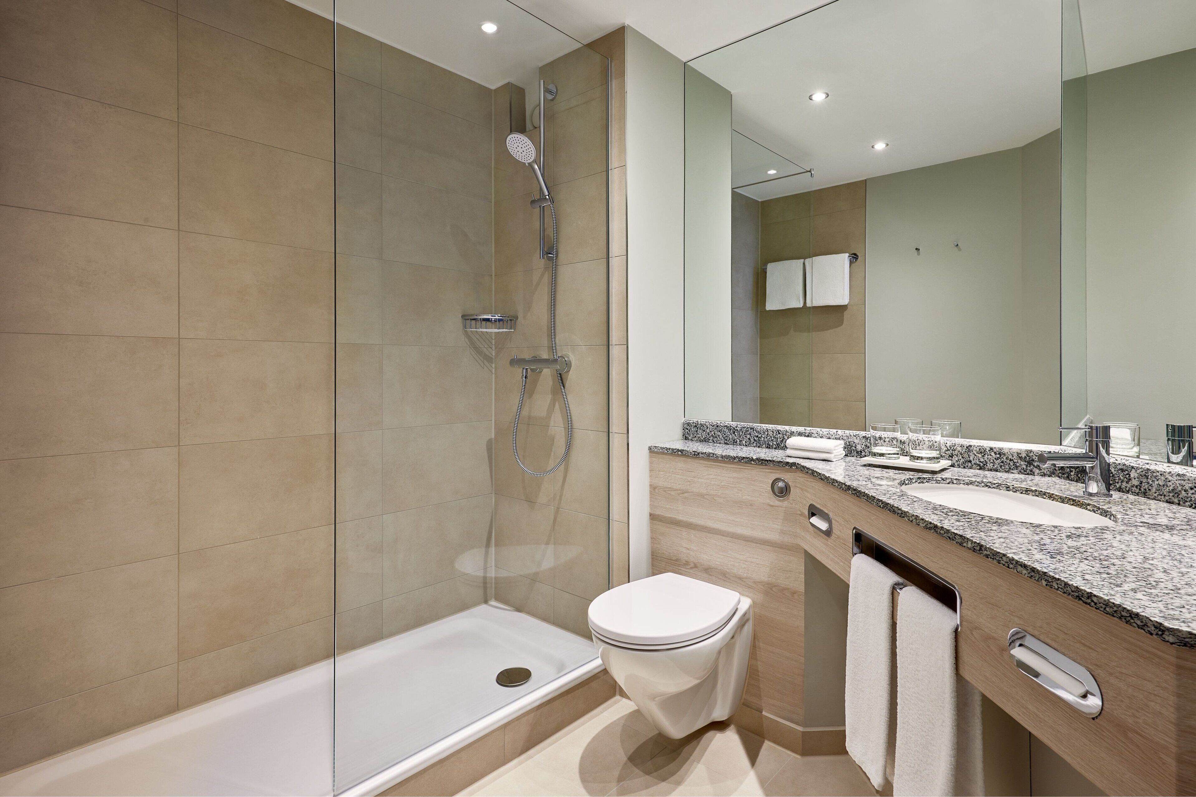 A modern bathroom with a glass-enclosed shower, a white toilet, and a granite countertop with a sink and mirror.