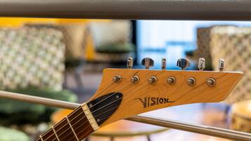 A close-up of a guitar's headstock with tuning pegs and the brand name "VISION".