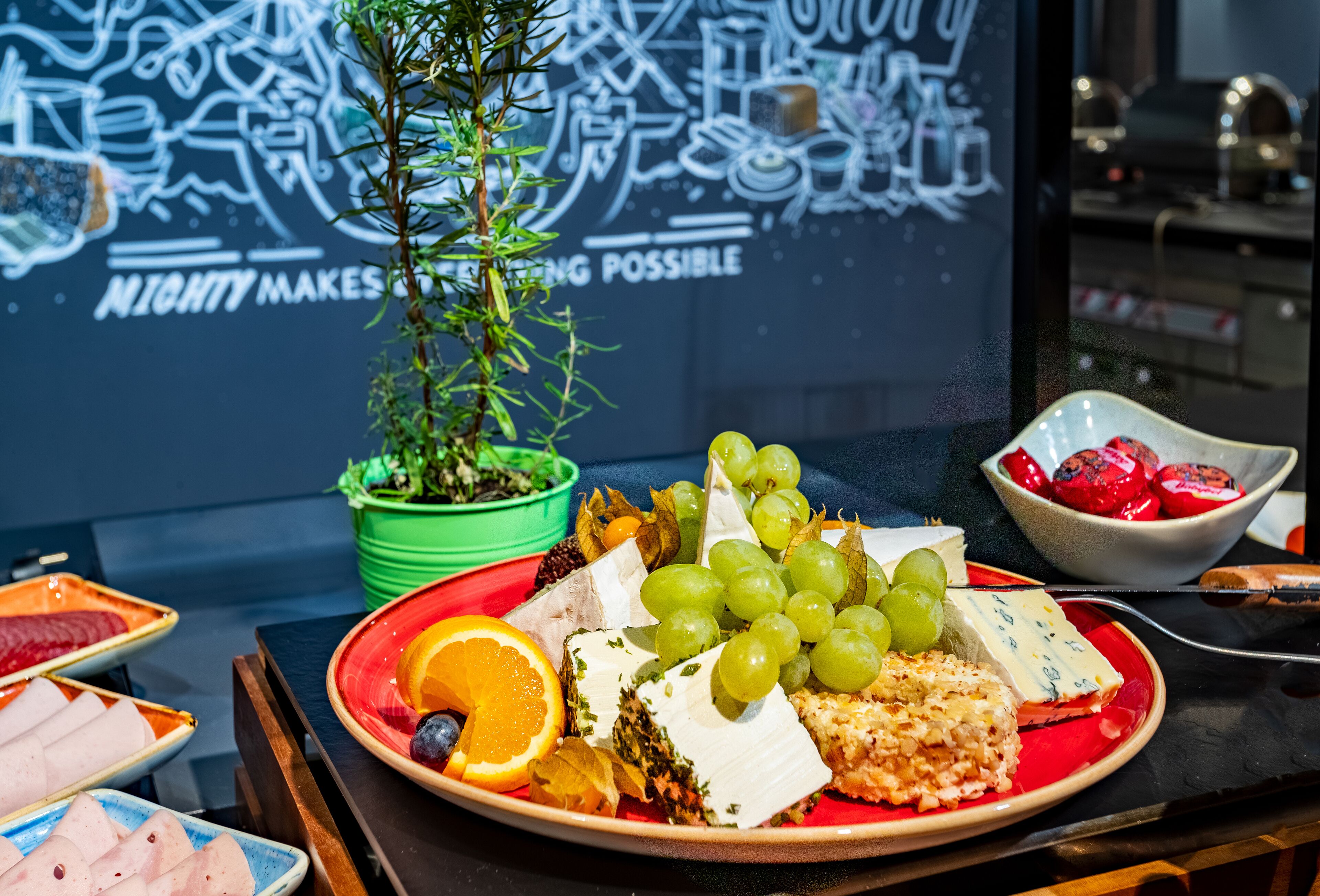 A plate of assorted cheeses, grapes, and fruits on a table with a green plant in the background.