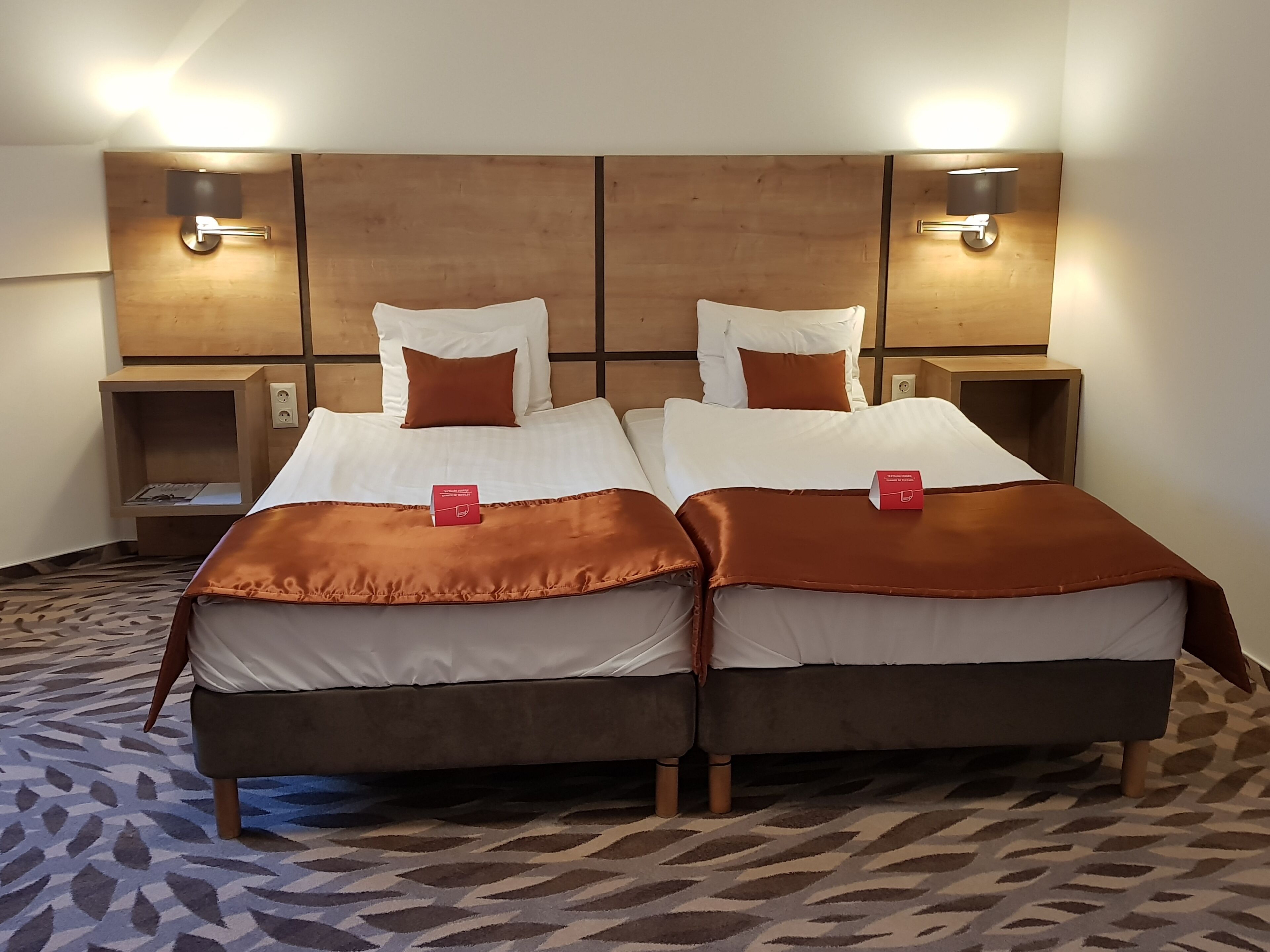 A double room with two beds, each with a brown headboard and white bedding. There are two bedside tables with lamps, and a patterned carpet on the floor.