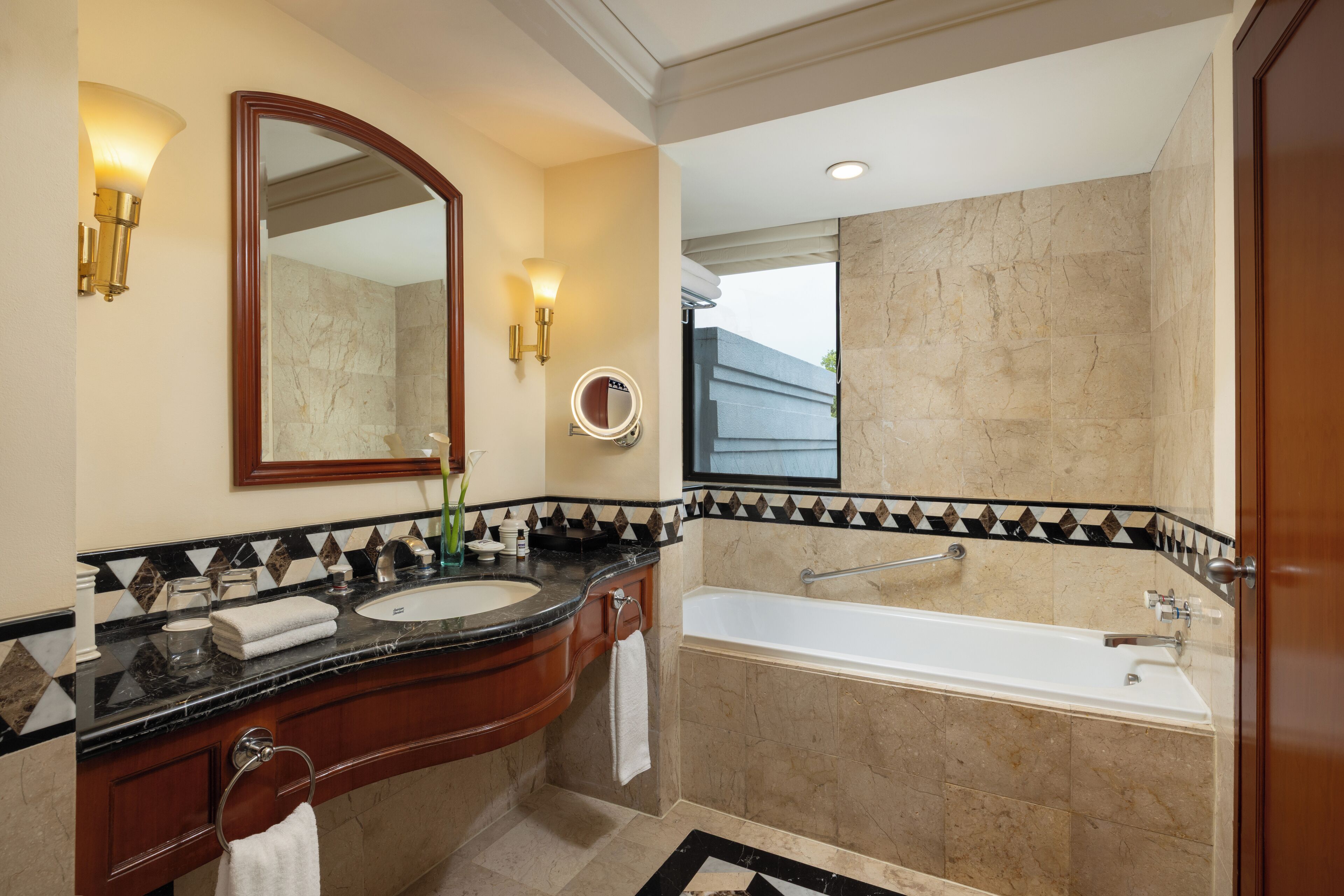 combined shower/bathtub, free toiletries, hair dryer, bathrobes