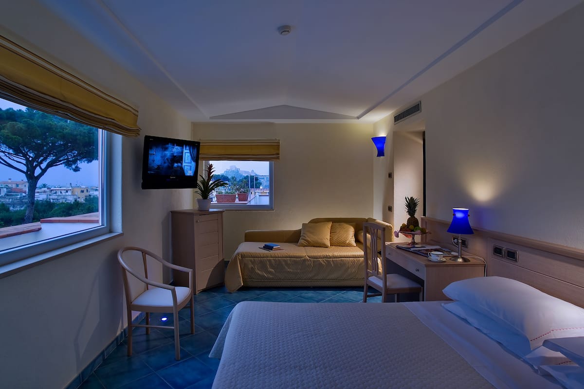 A hotel room with a bed, a desk, a chair, a TV, and a window with a view of buildings and trees.