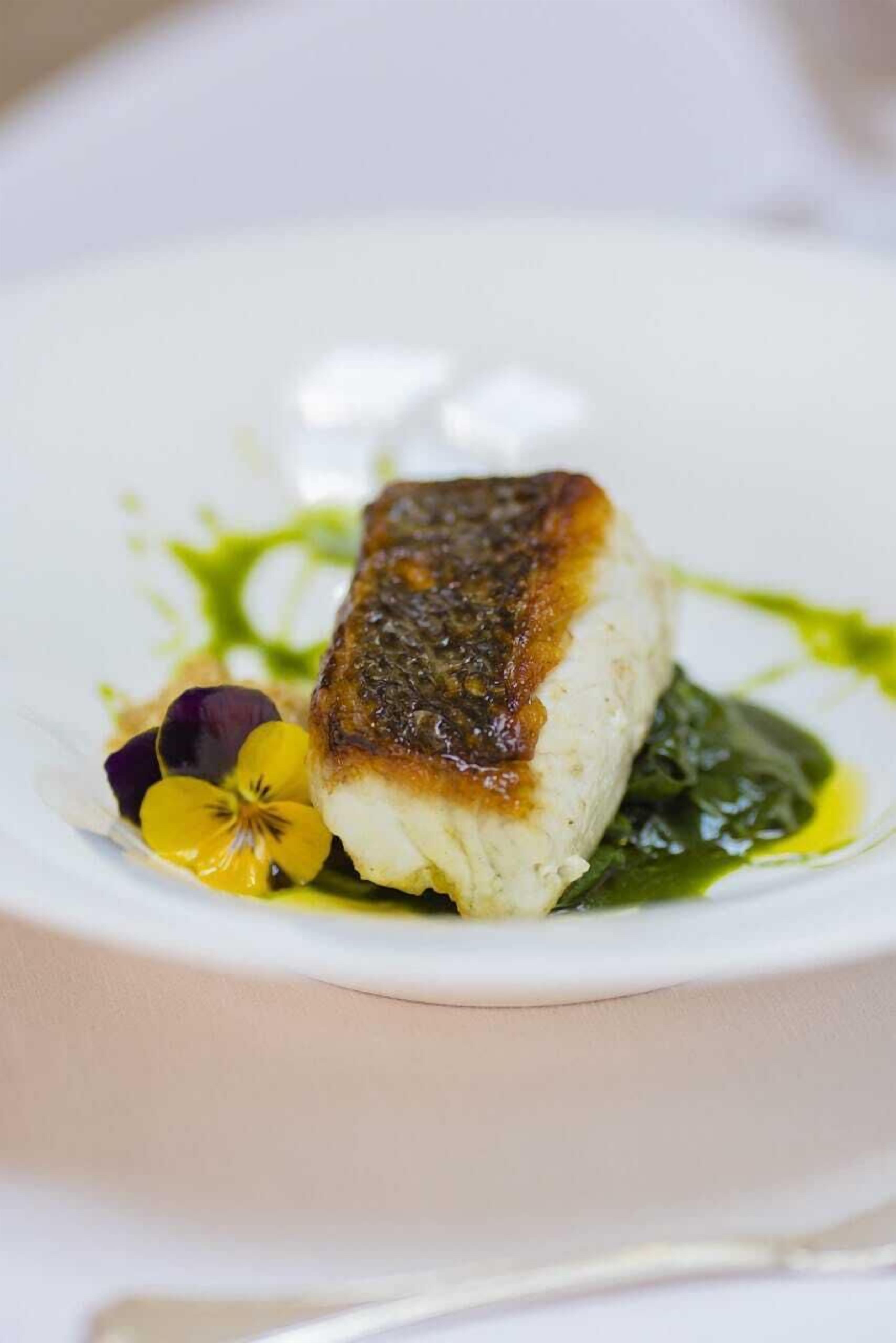 A white plate with a piece of fish, green sauce, and a flower.