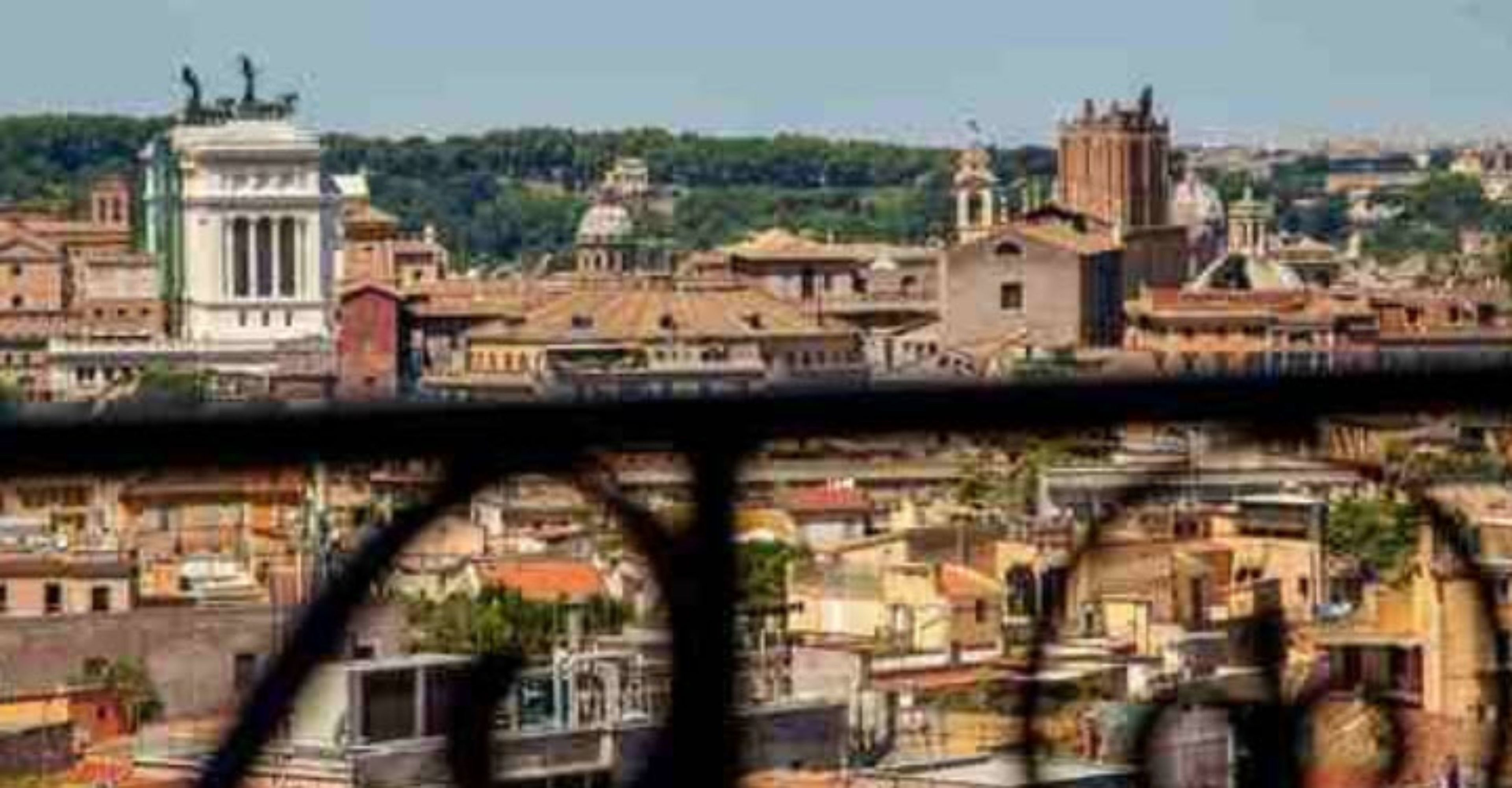 Paesaggio urbano con un edificio bianco imponente con colonne, un mix di architettura storica e moderna, e un fiume sullo sfondo.