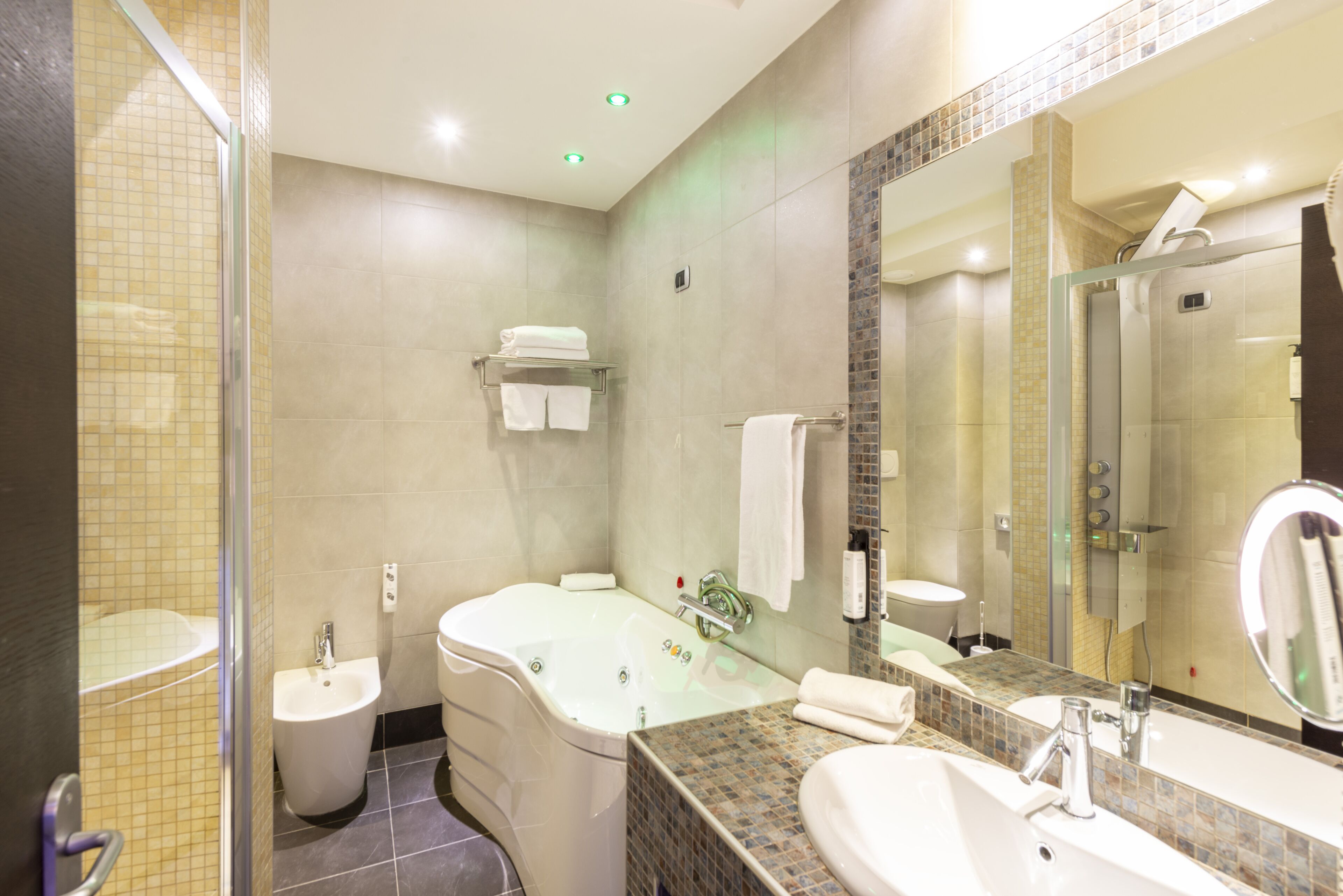 hair dryer, bidet, towels