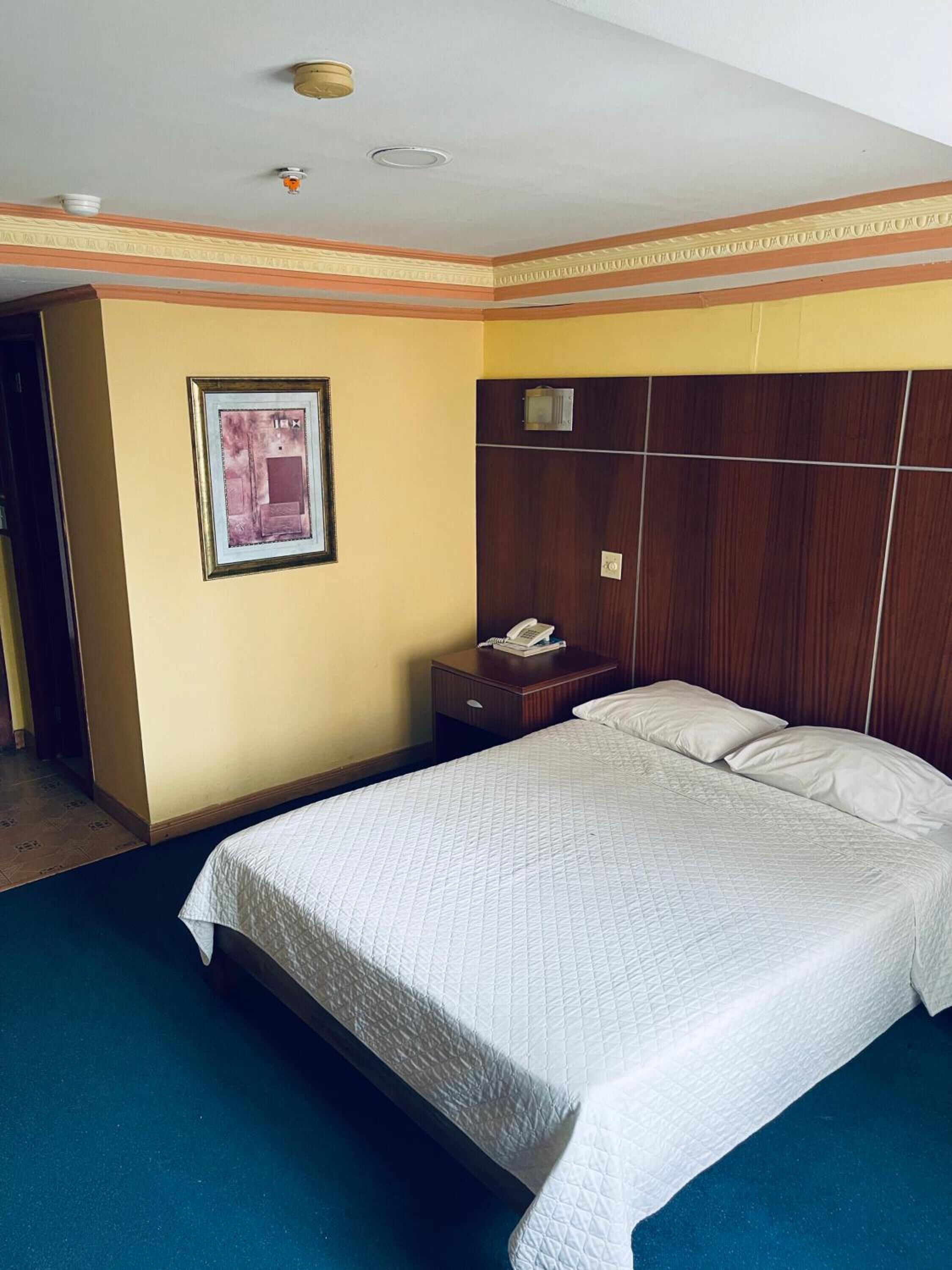 A hotel room with a large bed, a wooden headboard, a bedside table with a phone and a book, and a framed picture on the wall.
