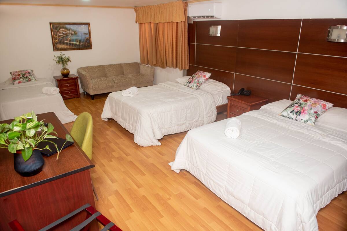 Quarto de hotel com duas camas, uma escrivaninha, uma cadeira, uma mesinha e um vaso de planta.