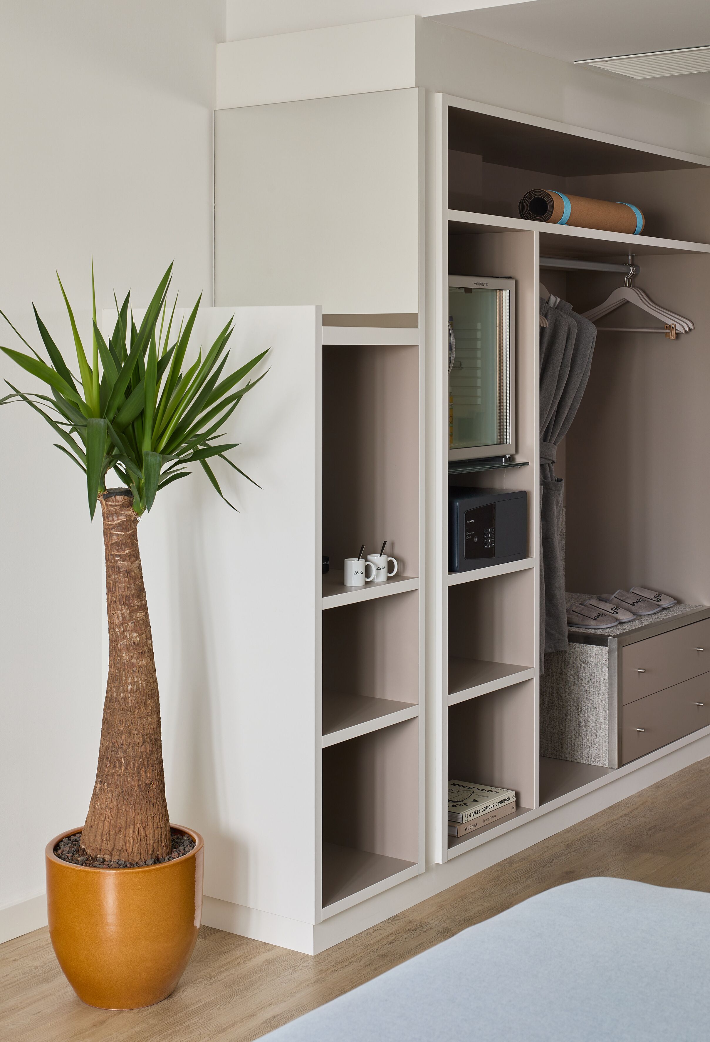 Habitació moderna amb una planta en test, un armari amb prestatges i un microones.