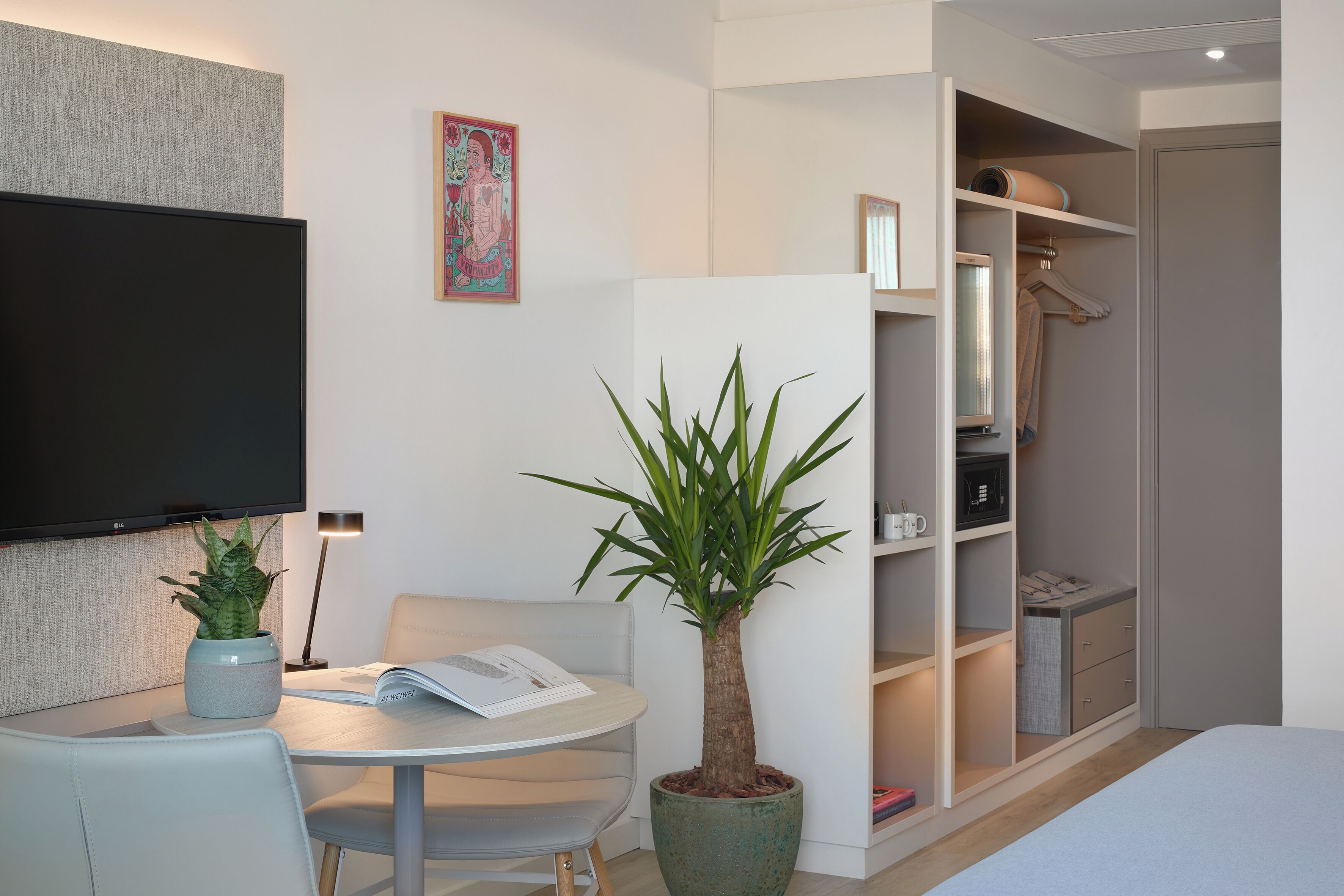 Habitació d'hotel moderna amb televisió de pantalla plana, taula de dinar, planta en test i un armari amb espai amplí.