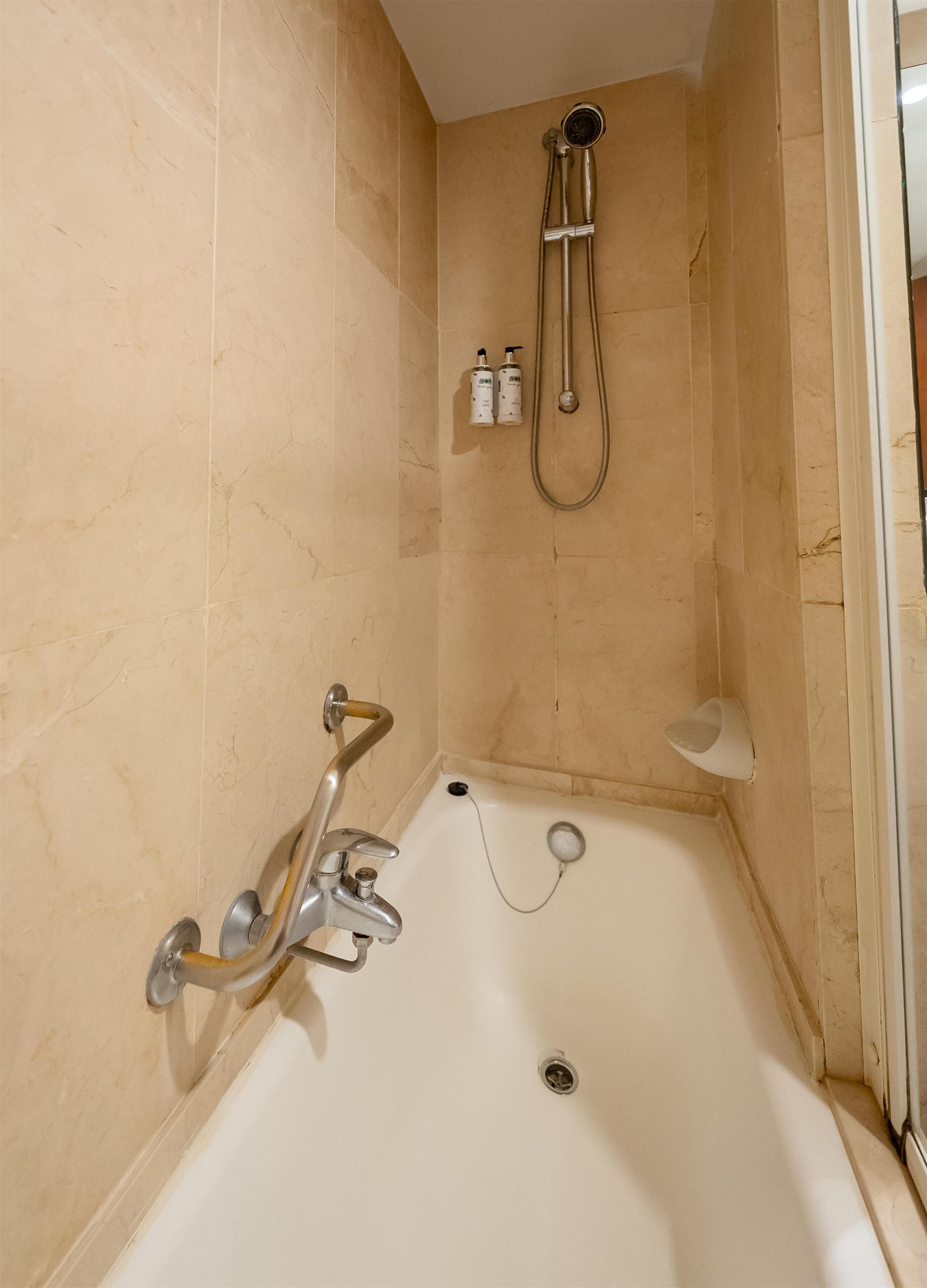 A bathroom with a bathtub, a shower, and two bottles of shampoo on the wall.