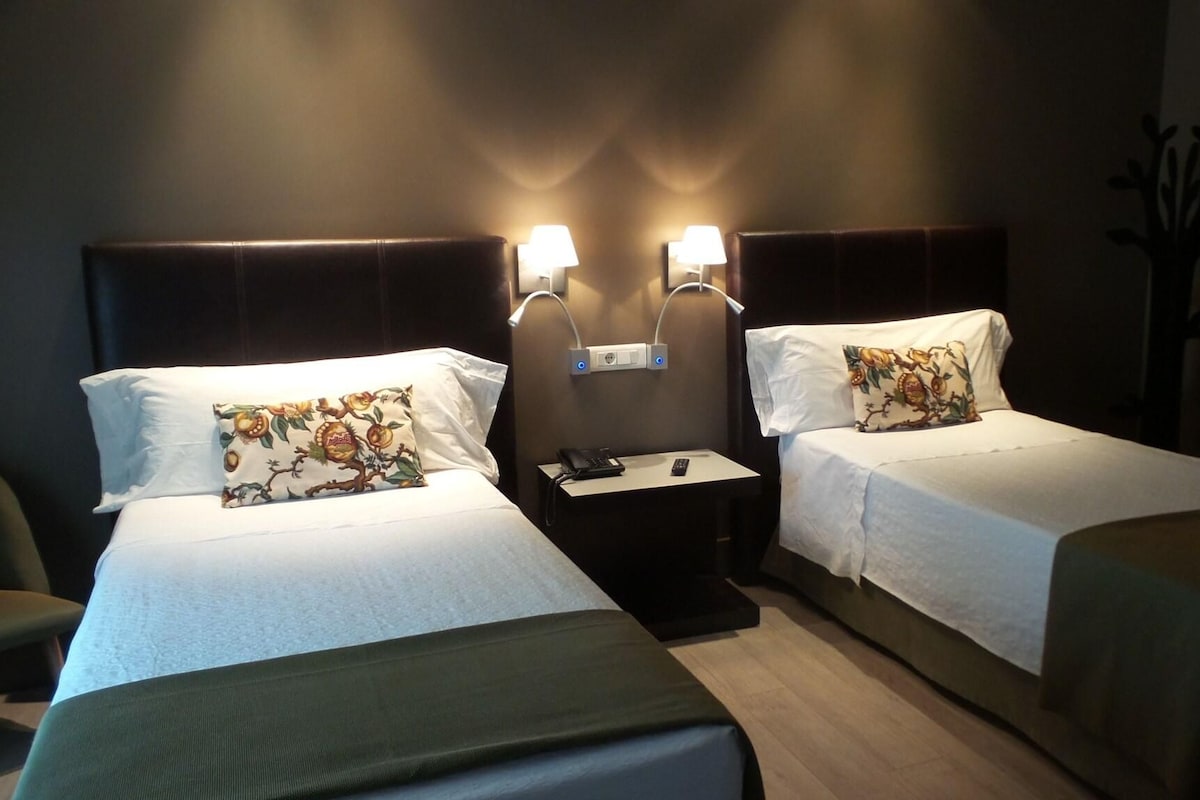 Habitación de hotel con dos camas, cada una con un cojín floral, una mesita de noche con teléfono y control remoto, y lámparas fijadas a la pared.