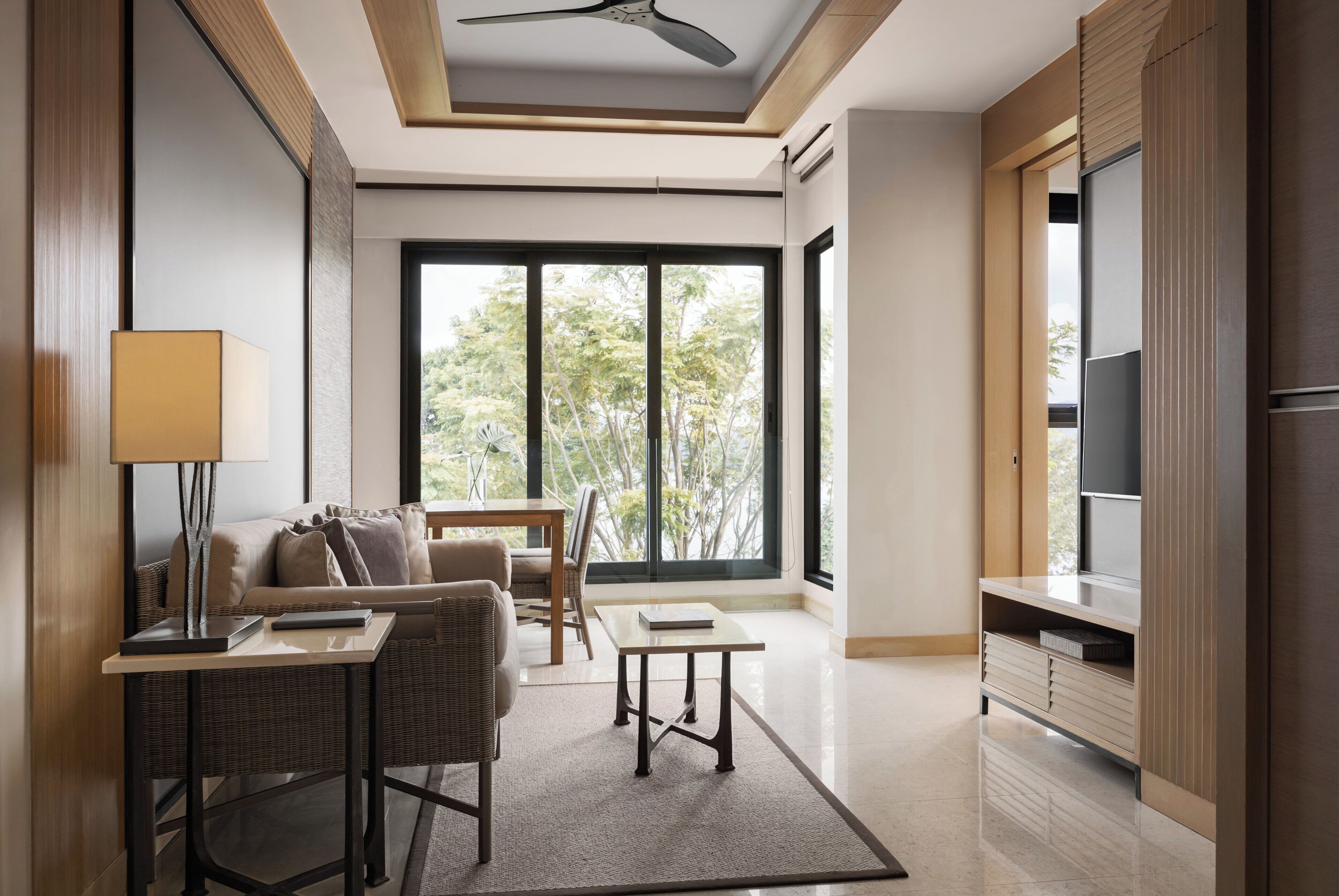 A modern living room with a sofa, a table, and a TV. There is a large window providing a view of trees.