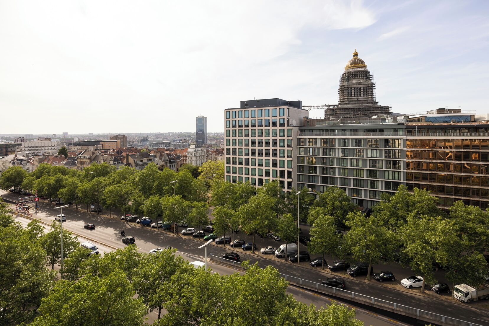 A cityscape with modern buildings, a prominent dome structure, and a busy street lined with trees.