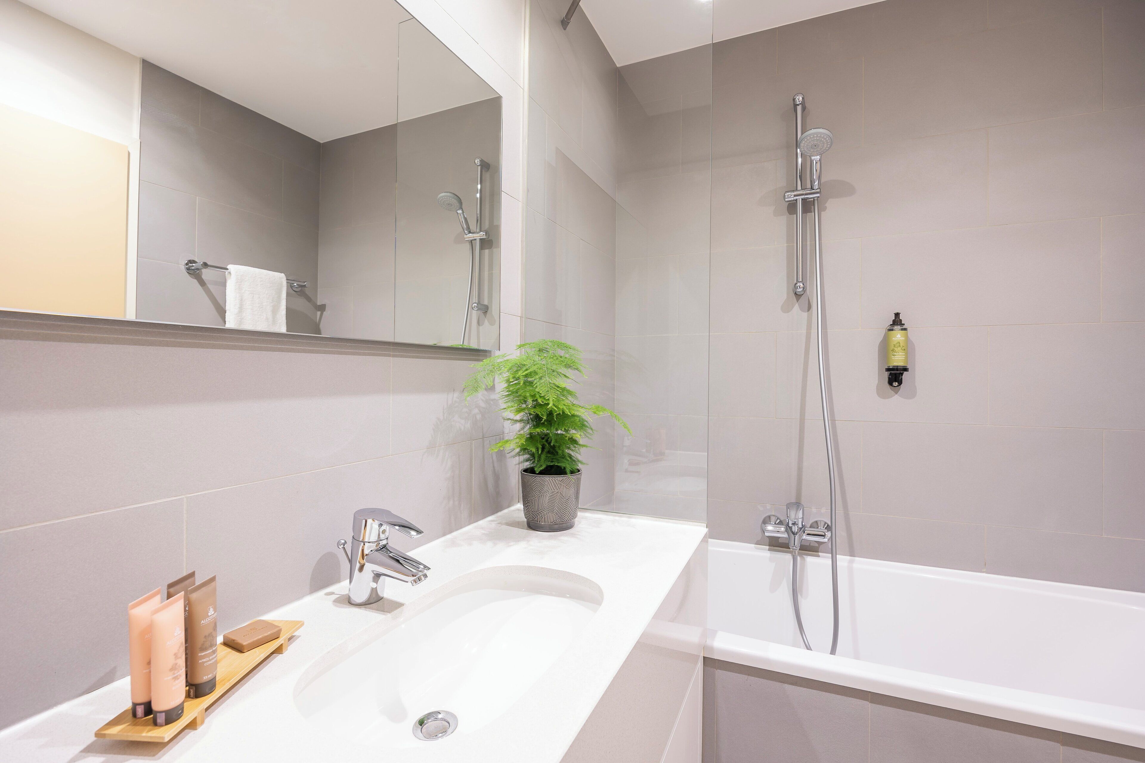 A modern bathroom with a large white sink, a mirror, a shower with a handheld showerhead, and a potted plant.