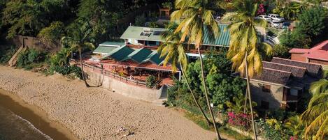 A beachfront property with a covered patio, palm trees, and a view of the ocean.