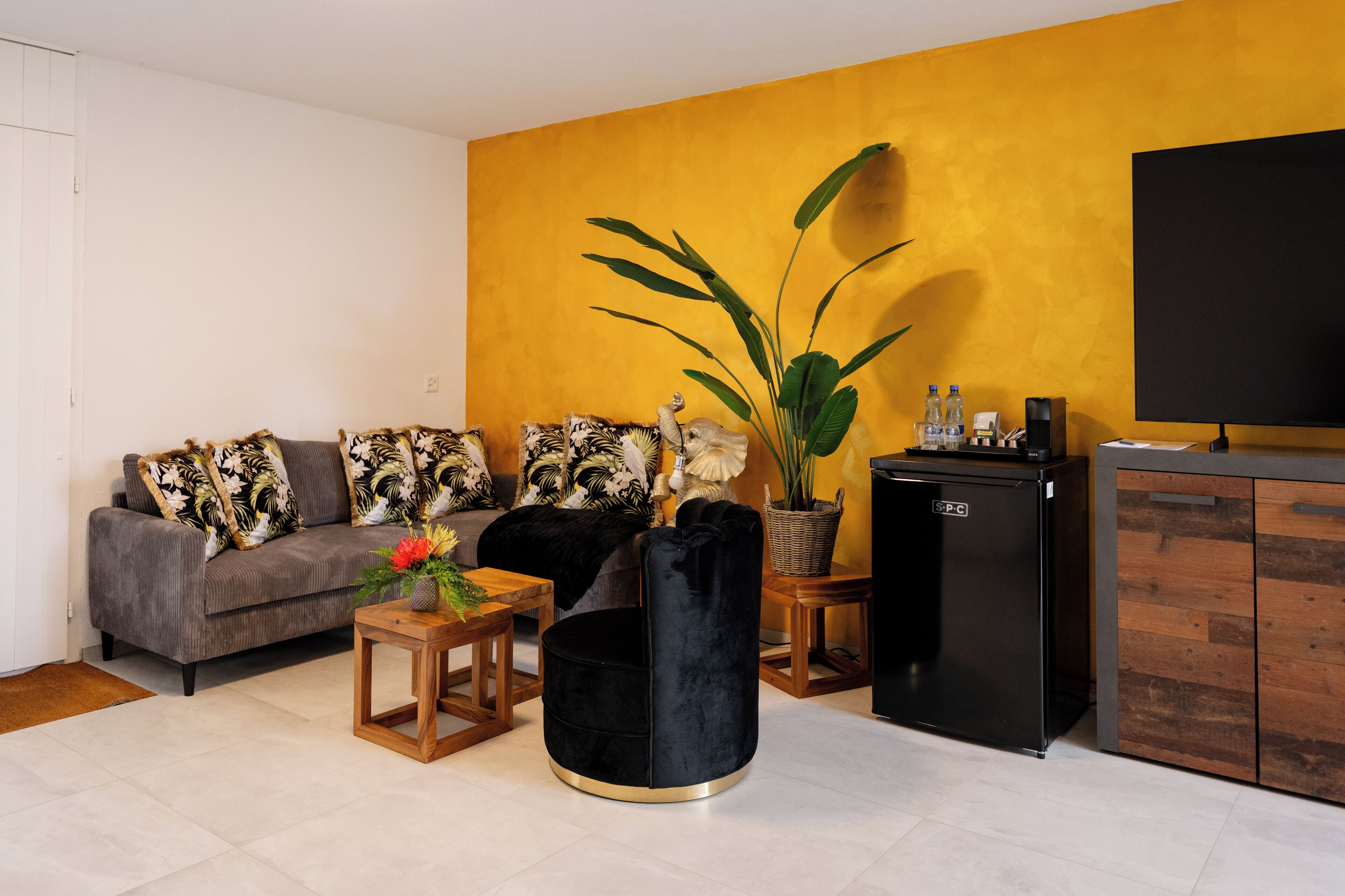 Un salon comprenant un canapé, un fauteuil noir, une petite table avec une plante, un réfrigérateur noir et un meuble en bois.