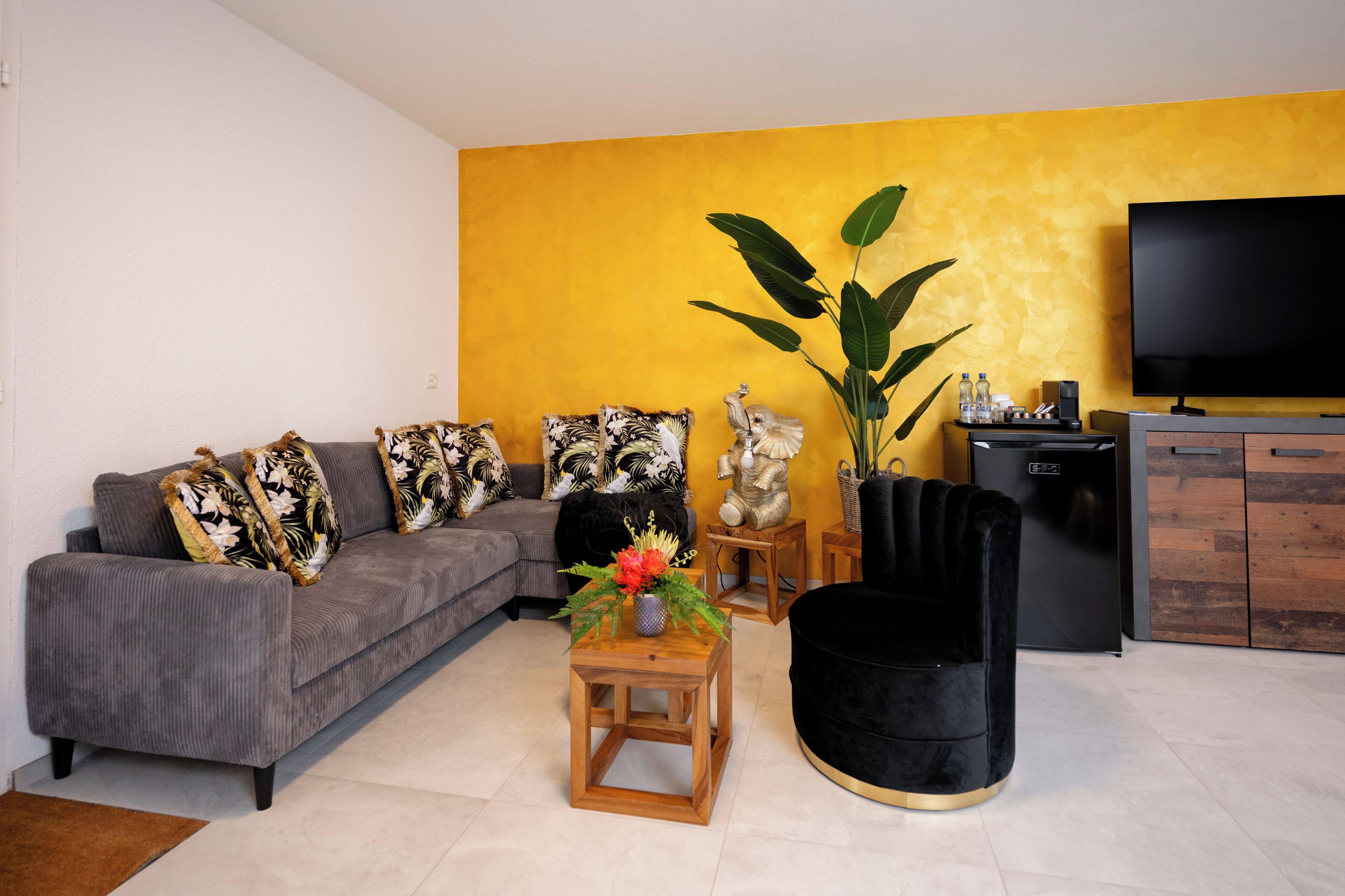 A living room with a sofa, a coffee table, a black chair, a TV, and a plant.