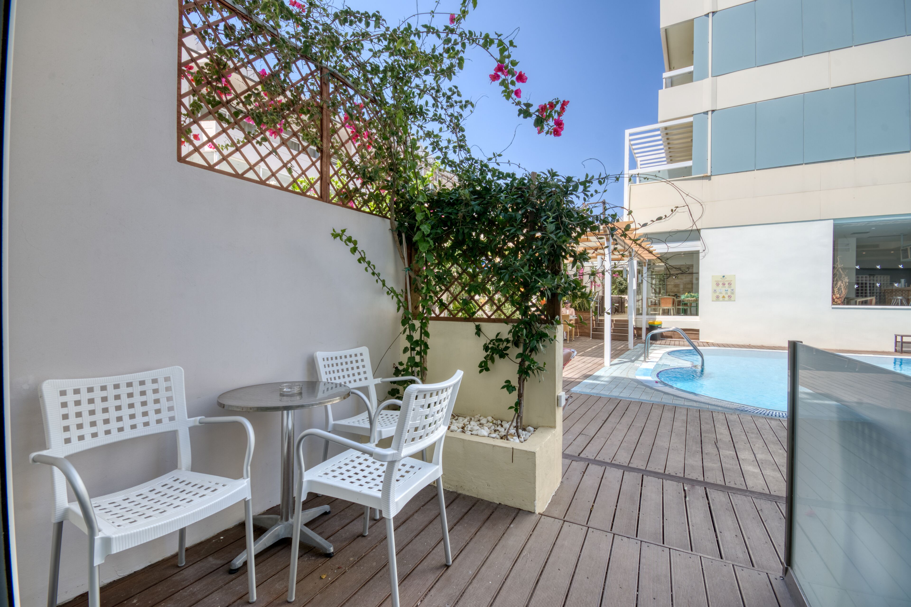 standard double or twin room, pool view | terrace/patio