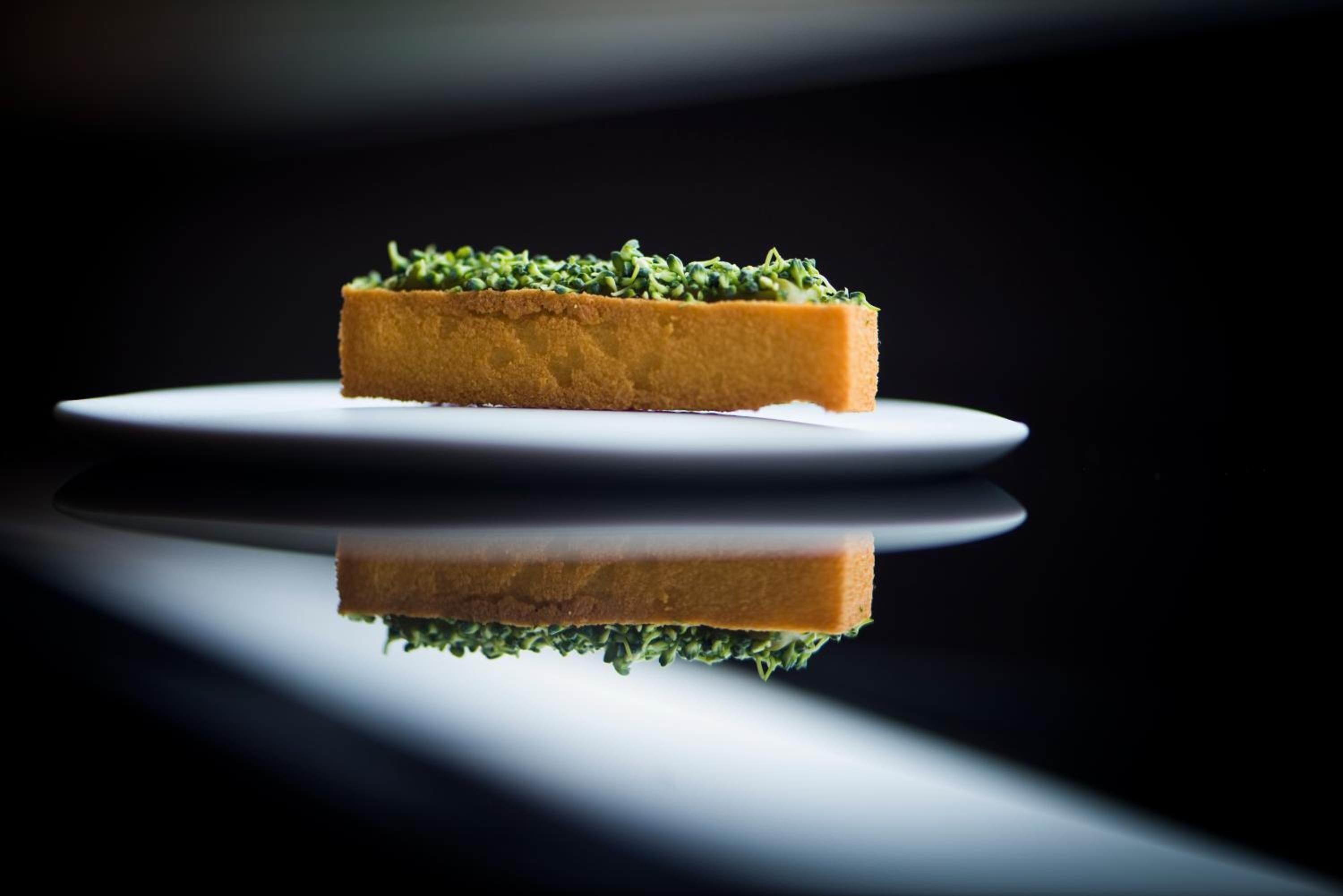 A rectangular dessert on a white plate with a reflective surface below.