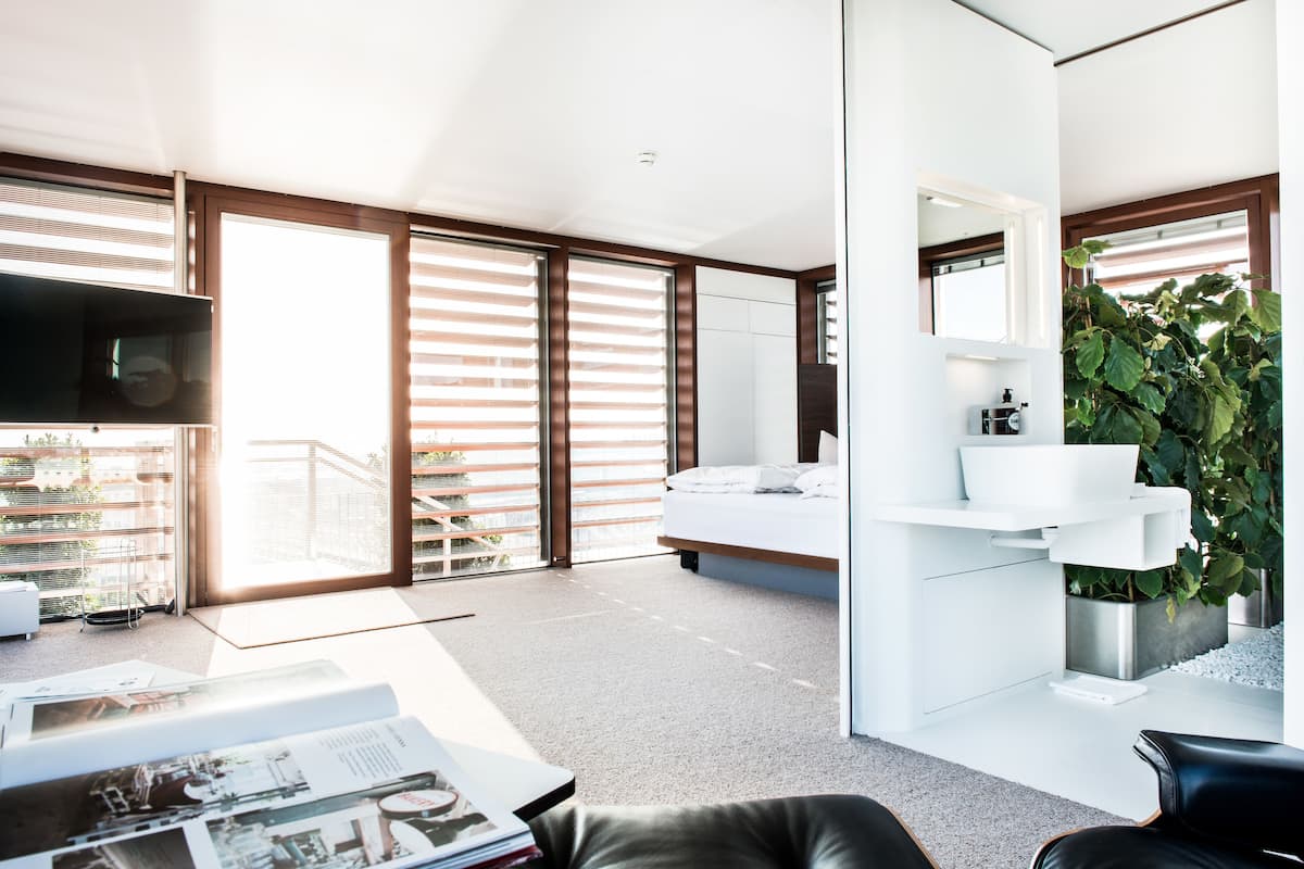 loftcube | bathroom | shower, rainfall showerhead, hair dryer, towels