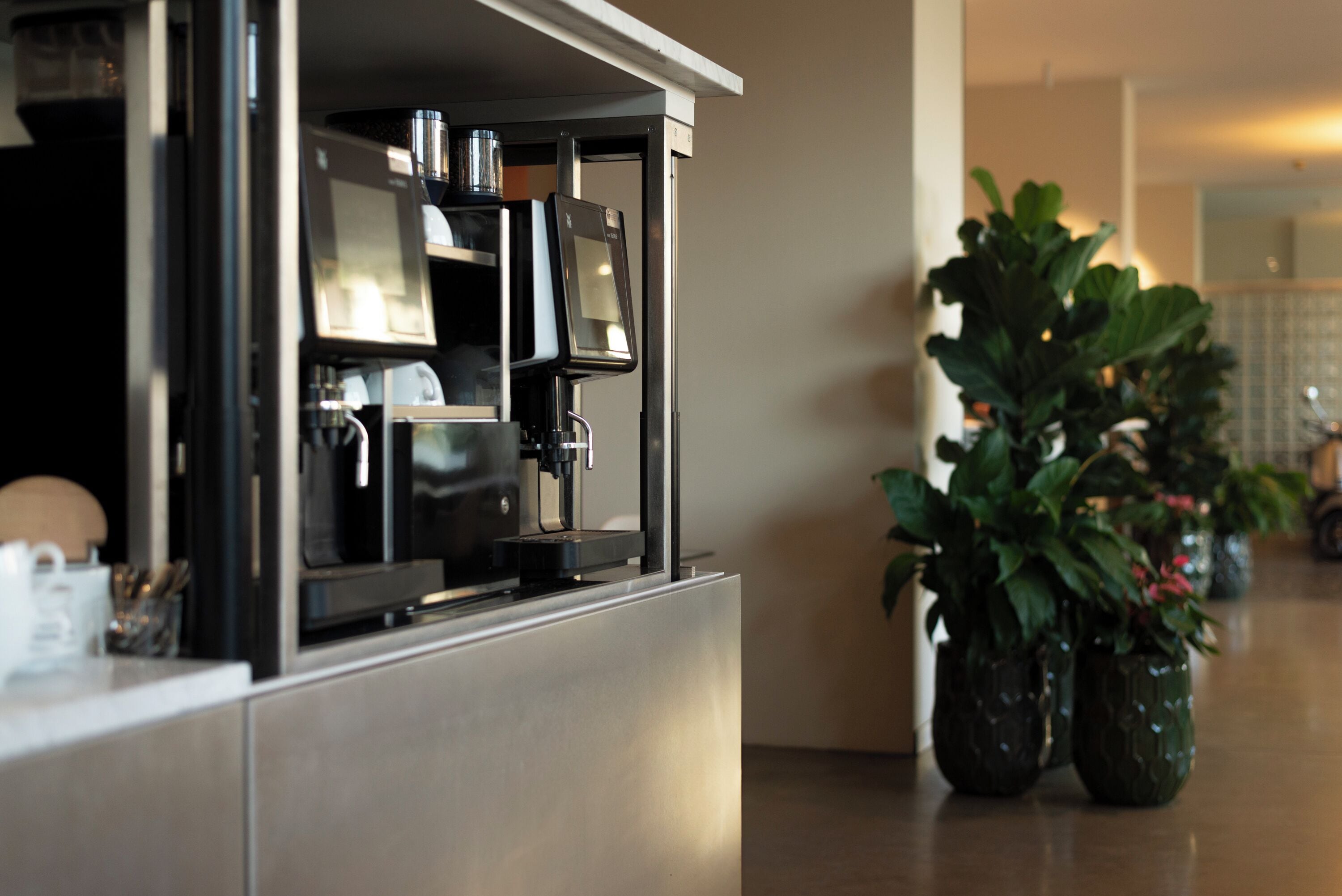 A modern kitchen with a built-in coffee machine, stainless steel appliances, and potted plants.
