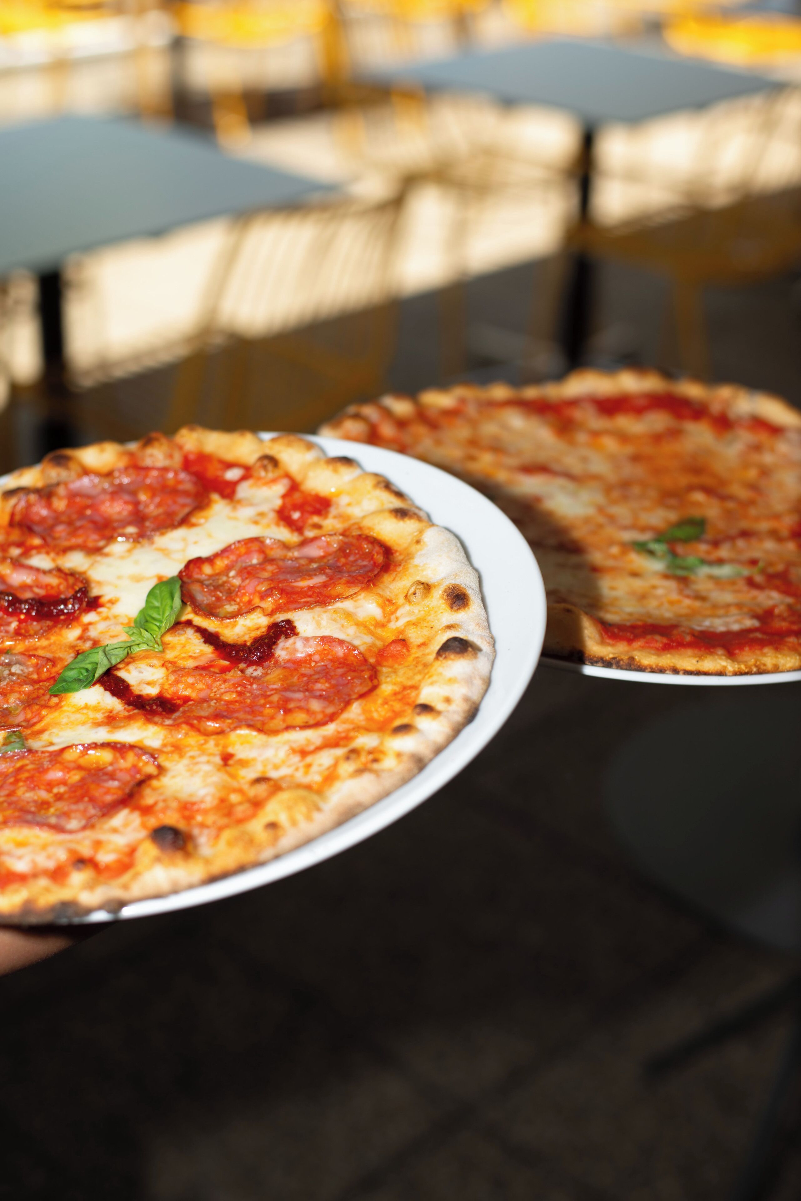 Pizza con pepperoni y albahaca sobre un plato blanco.