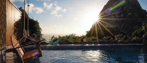 Outdoor pool, pool umbrellas, pool loungers