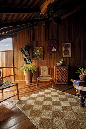 A cozy room with wooden walls, a ceiling fan, a large potted plant, a woven chair, a checkered rug, and several framed artworks.