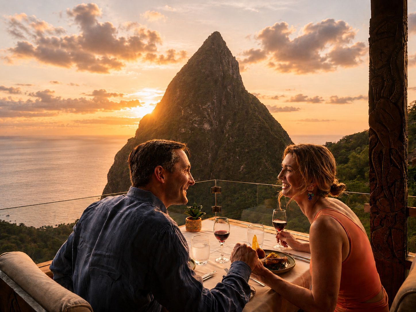 A couple dining at a table with a view of a mountain and the ocean during sunset.