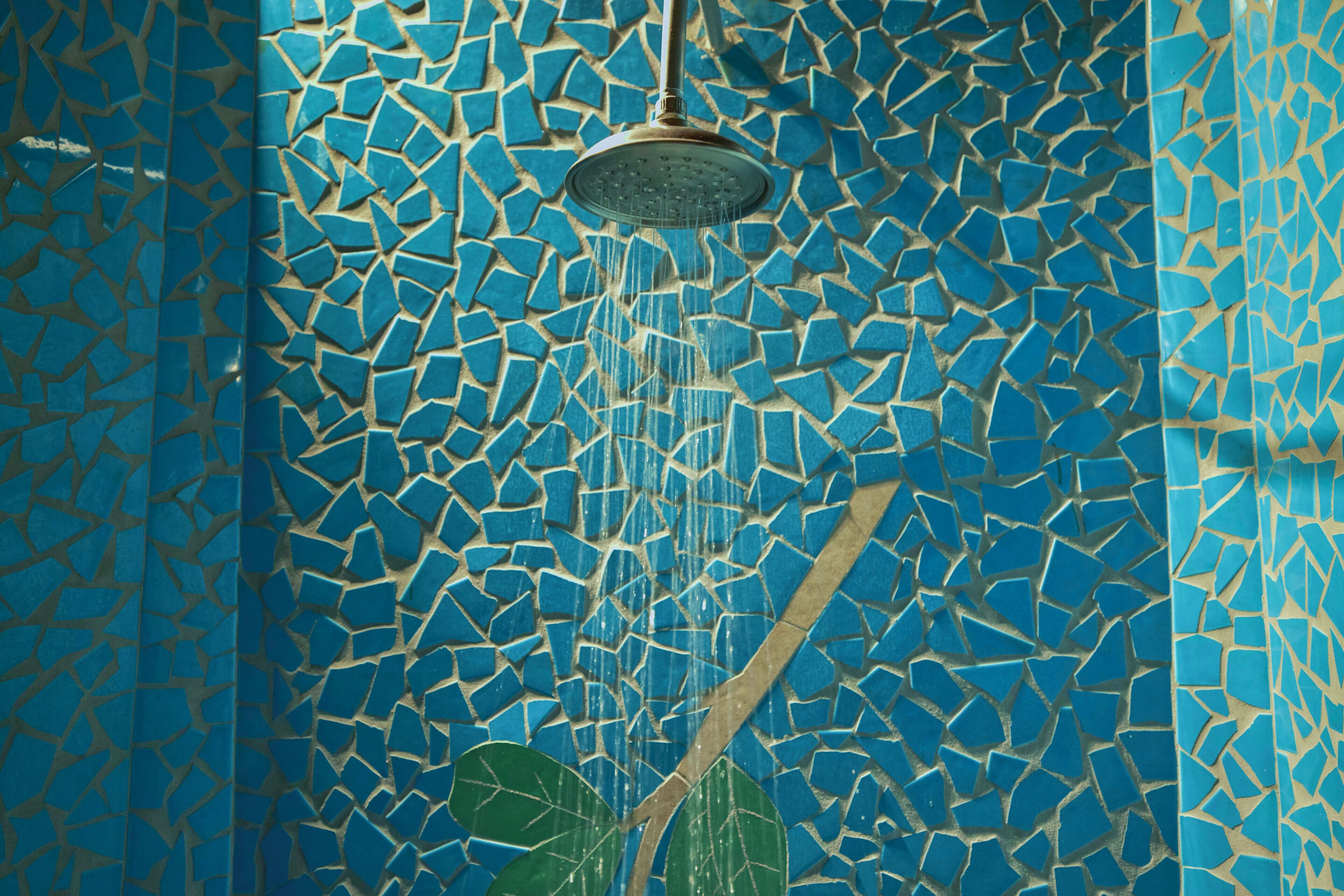 A mosaic shower with a rain showerhead.