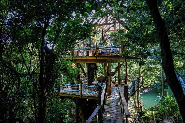 A wooden treehouse with a rope bridge, surrounded by dense foliage and a view of a river.