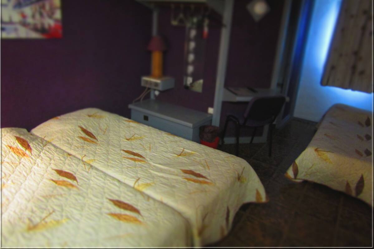 A bedroom with two beds, a desk, a chair, and a wall-mounted lamp.